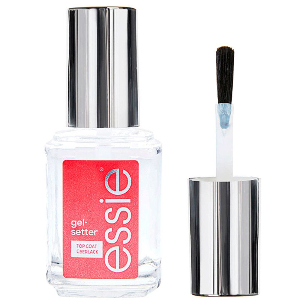 Essie Gel Setter Top Coat. Flacon transparent avec bouchon argenté. Étiquette rouge. Pinceau à côté.