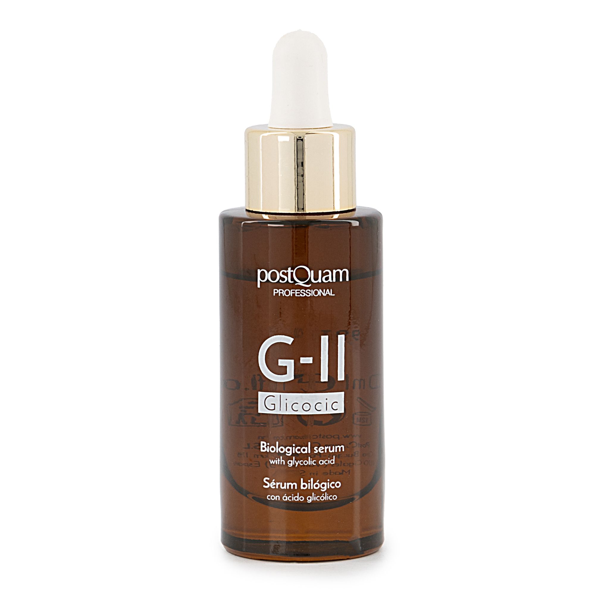 Bruine serumfles met witte druppelaar. Opschrift: PostQuam Professional, G-II Glicolic, Biological serum with glycolic acid.