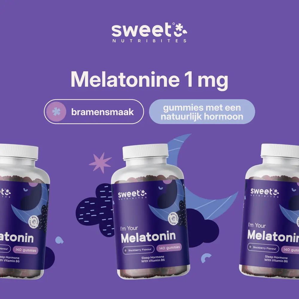 Melatonine 1 mg. Bramensmaak. Gummies met natuurlijk hormoon. Drie flessen.