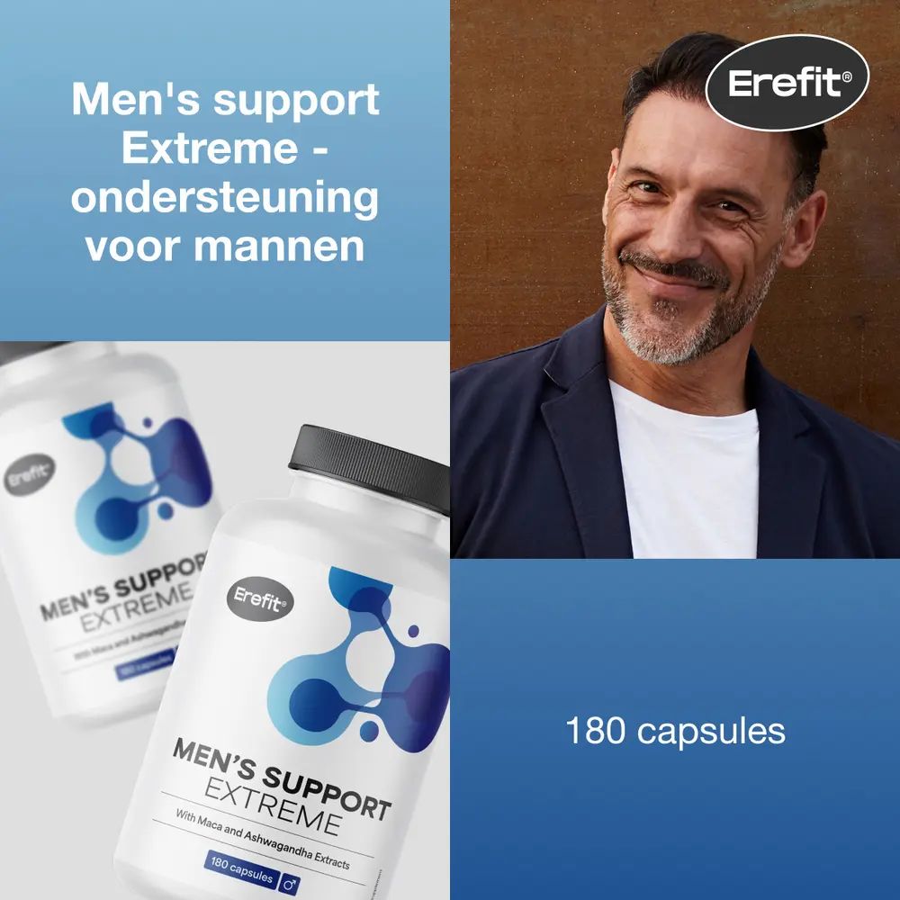 Man met zonnebril en spijkerjas. Fles met Men's Support Extreme. Merk: Erefit.
