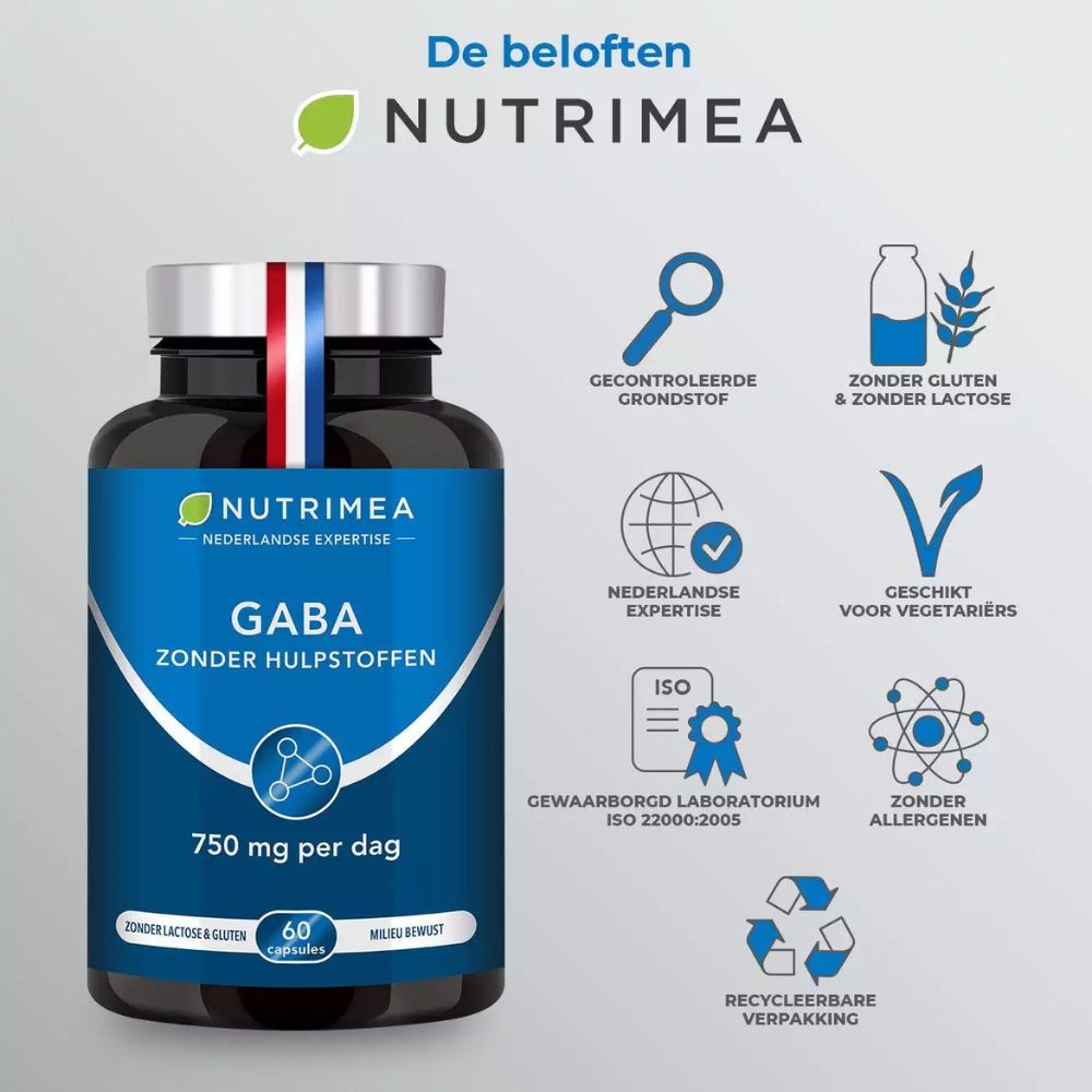 Fles met GABA, 750 mg, 60 capsules. Logo's: glutenvrij, vegetarisch, ISO, recyclebaar.