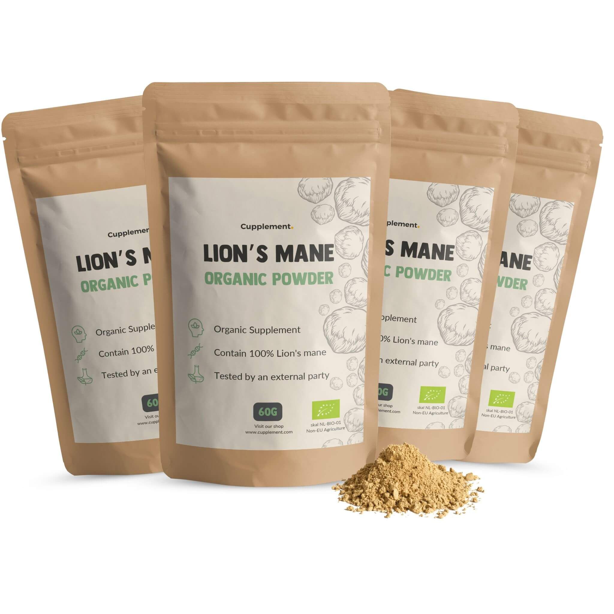 Plusieurs sachets de poudre de crinière de lion. Inscription : Lion's Mane Organic Powder. Label BIO. Emballage brun.