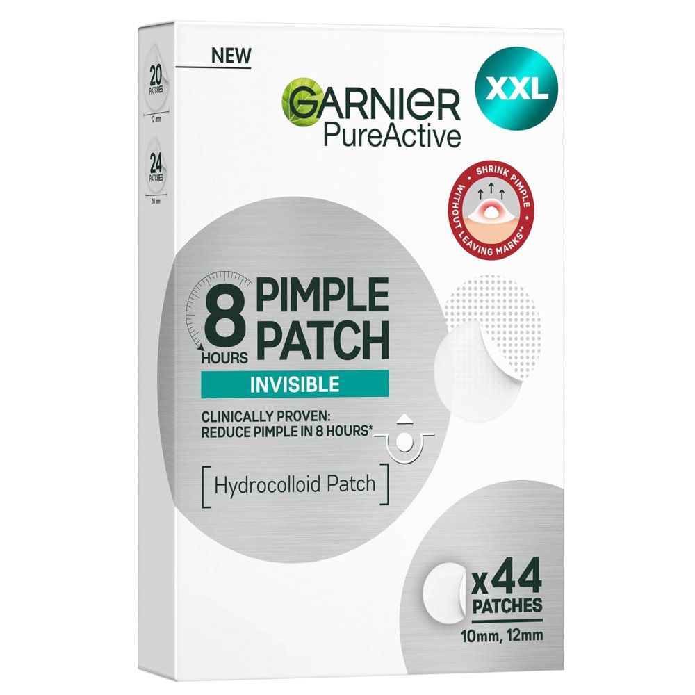 Boîte de patchs Garnier PureActive. Contient 44 patchs, 10mm et 12mm. Avec mentions 'XXL' et 'Invisible'.