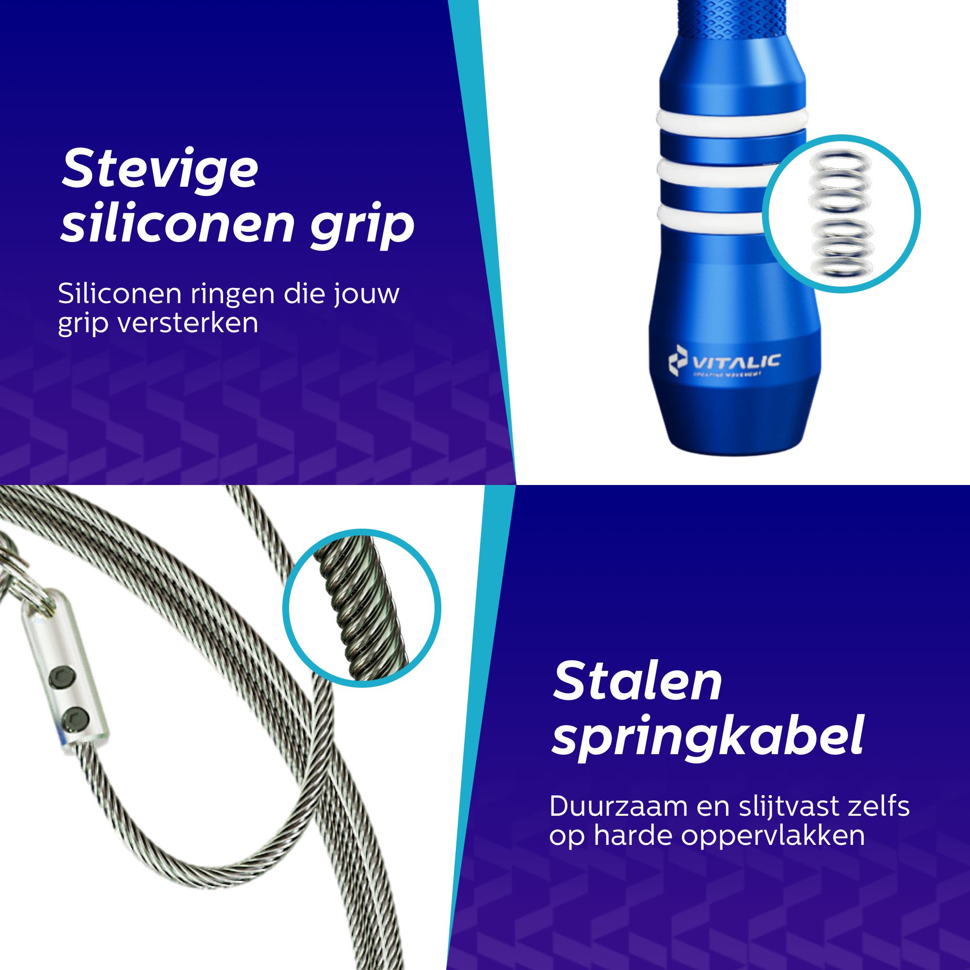 Poignée bleue avec des bandes blanches. Texte: Stevige siliconen grip. Câble en acier. Texte: Stalen springkabel.
