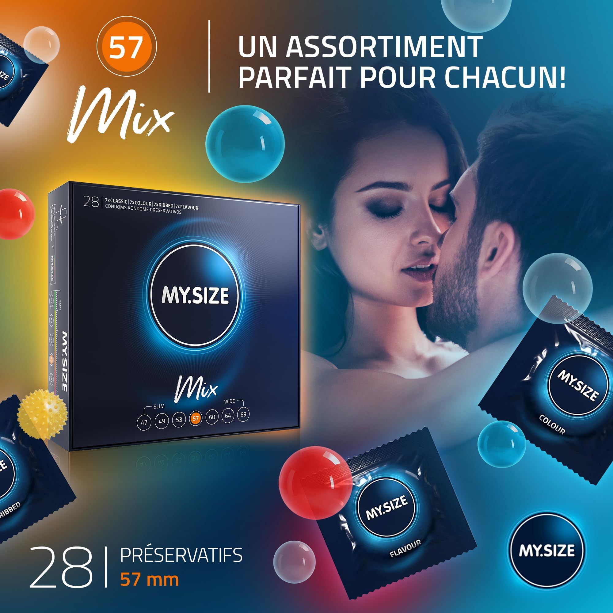 Préservatifs MY.SIZE Mix : 28 pièces, taille 57mm. Contient Classic, Colour, Flavour, Ribbed.