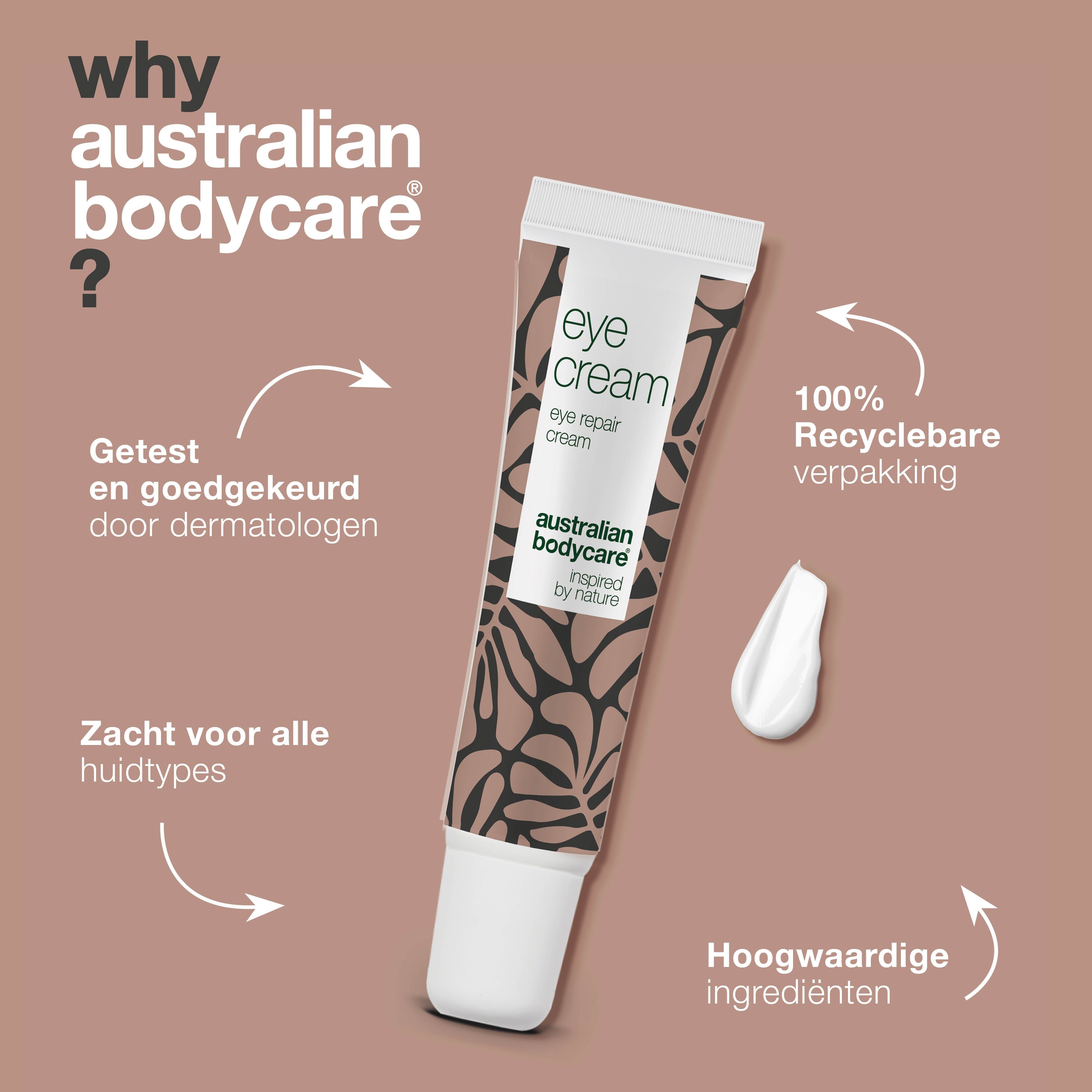 Advertentie: Australian Bodycare. Tube oogcrème. Tekst: Dermatologisch getest, 100% recyclebare verpakking.