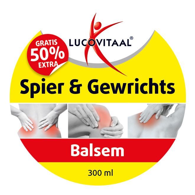 Geel etiket met Lucovitaal logo en productnaam: Spier & Gewrichts Balsem. Illustraties van pijnlijke zones. 300 ml.