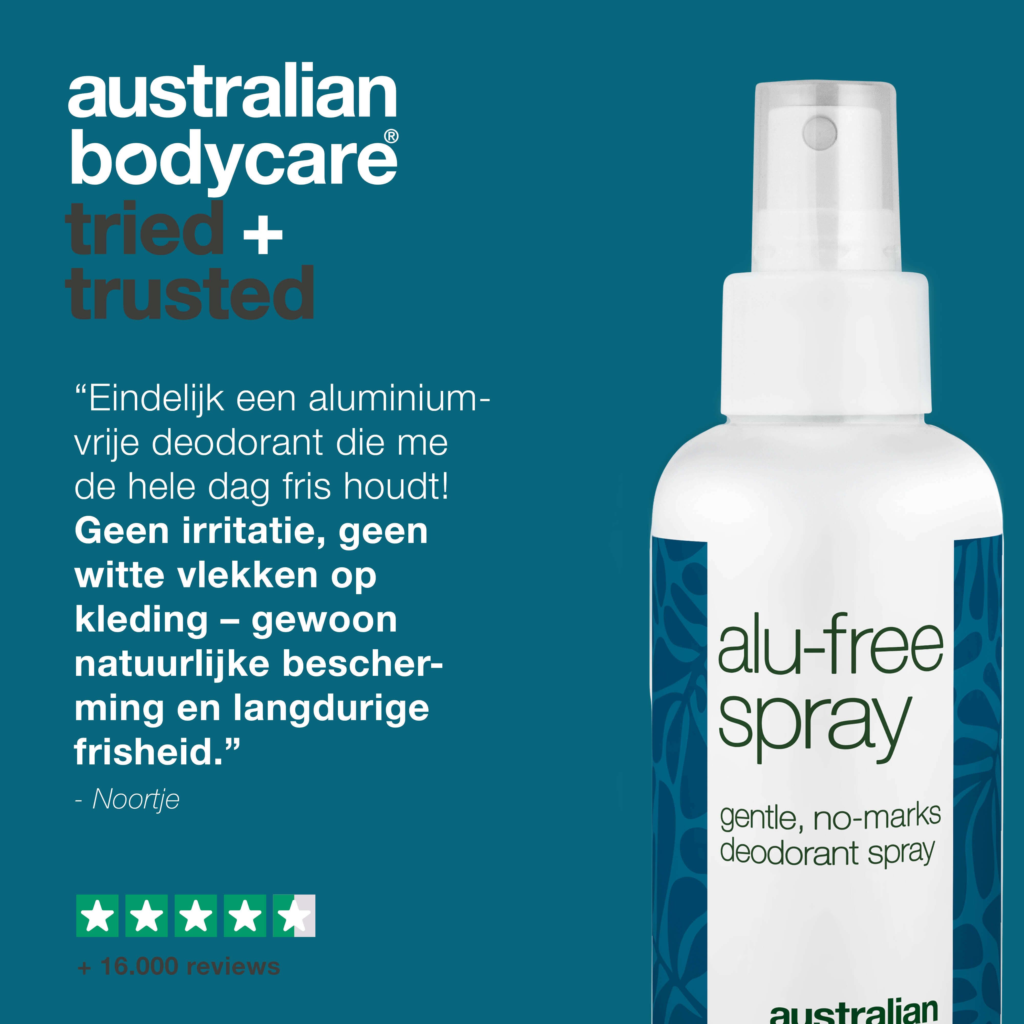Aluminiumvrije spray. Tekst: alu-free spray, gentle, no-marks deodorant spray. Logo: Australian Bodycare. Citaat en sterrenbeoordeling.