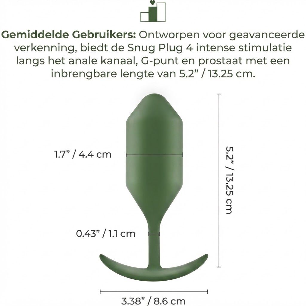 Groene anale plug met handvat. Afmetingen: 13,25 cm totale lengte, 4,4 cm maximale diameter.
