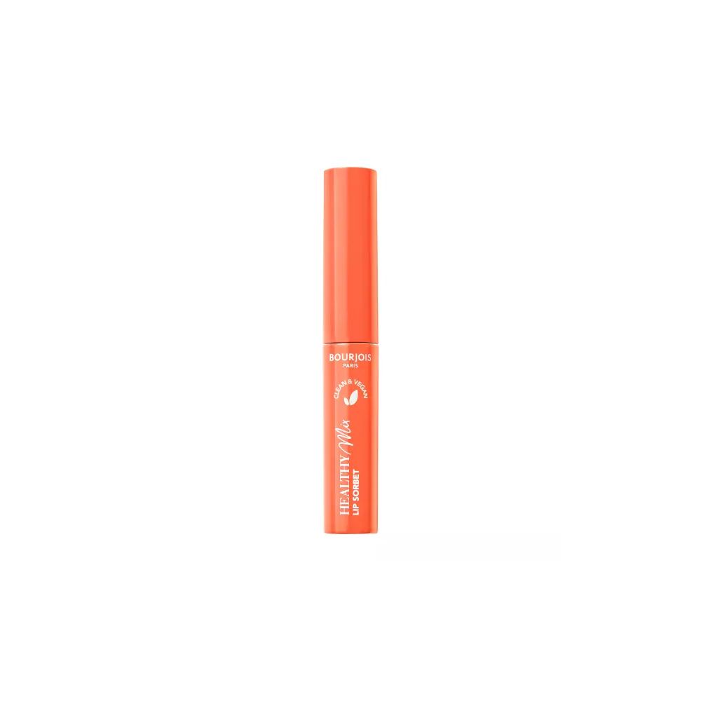 Bourjois Healthy Mix Lip Sorbet, tube orange. Texte: Healthy Mix Lip Sorbet. Logo vegan.