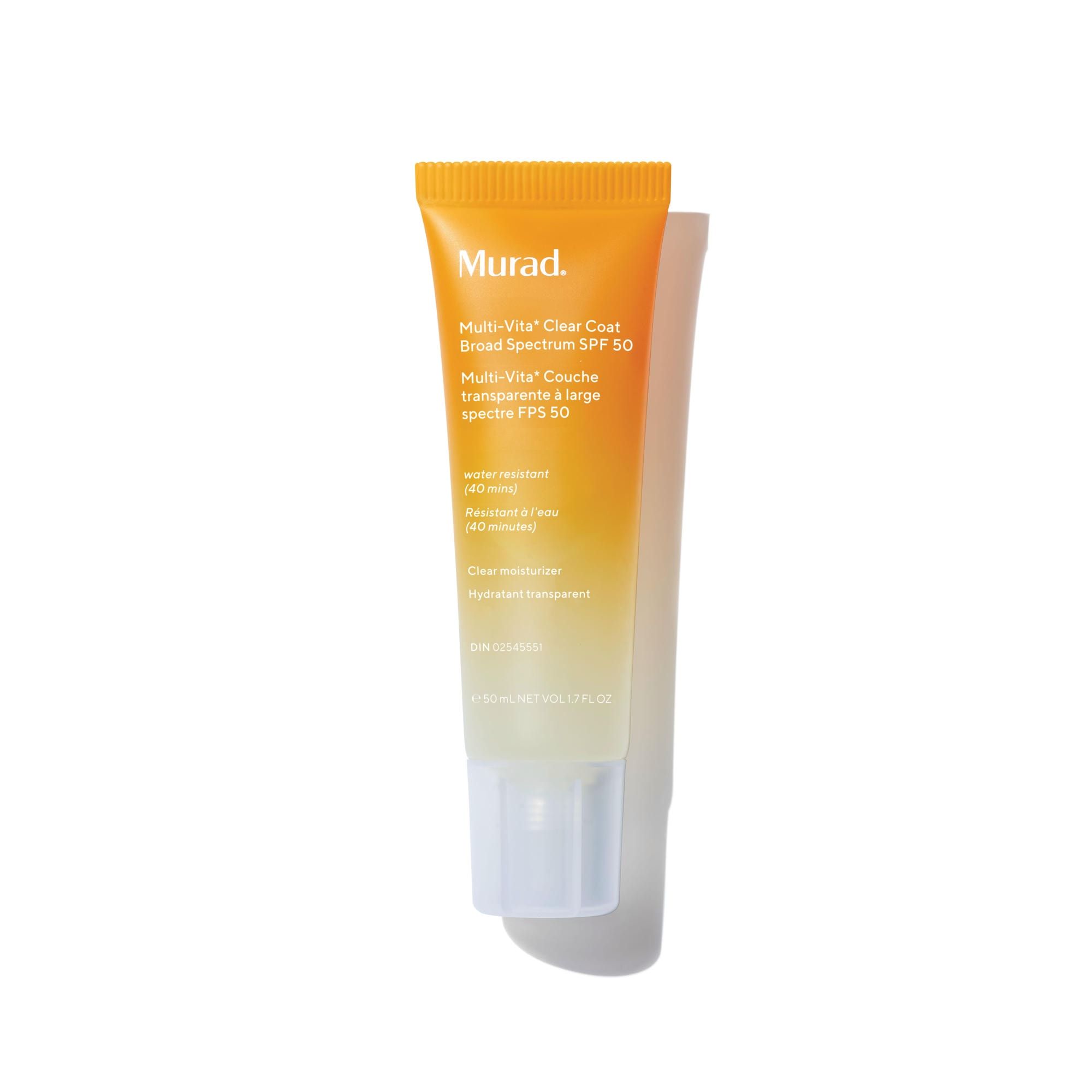 Tube orange-jaune avec texte produit. "Murad" et "SPF 50" visibles. Résistant à l'eau.