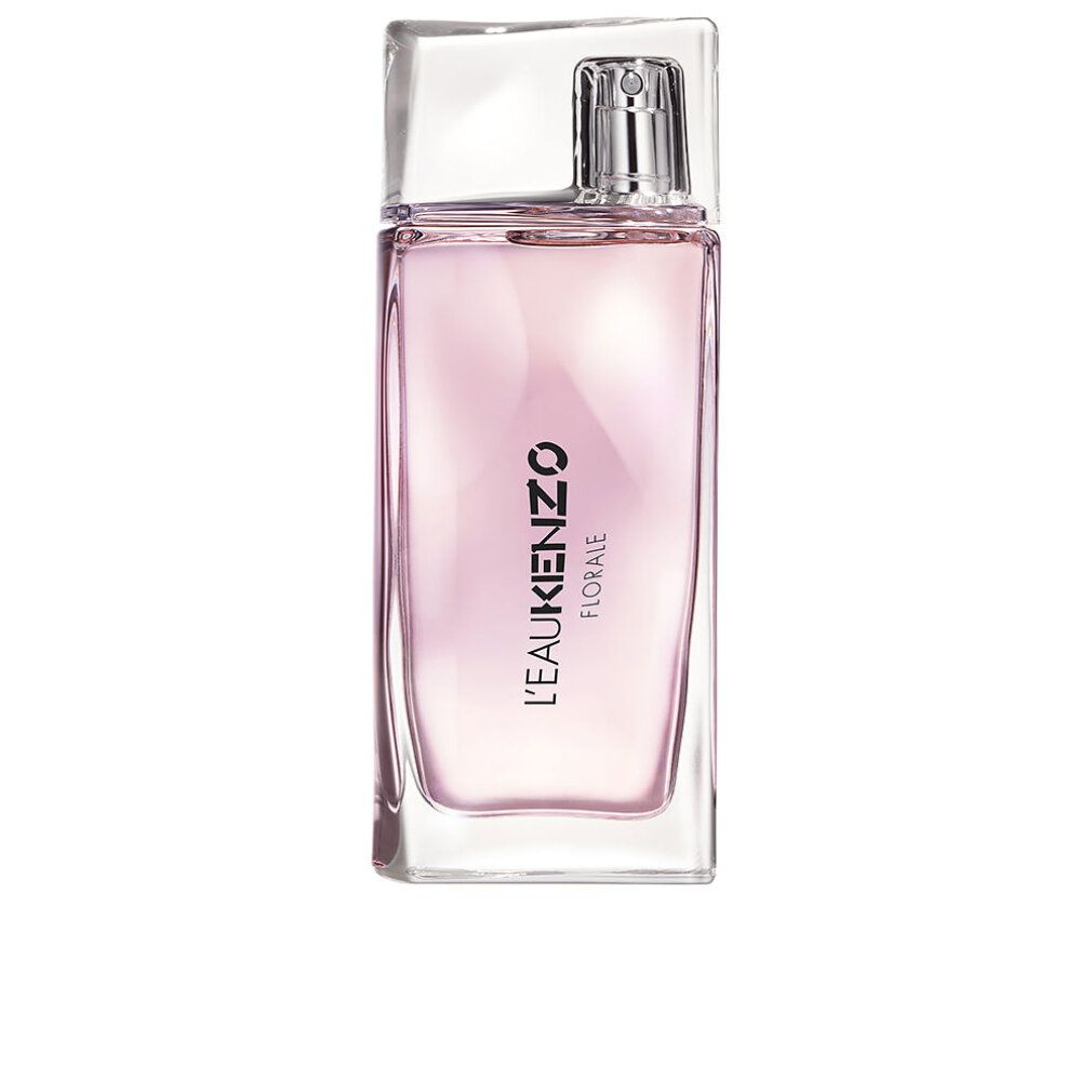 Rechthoekige fles met roze vloeistof. Transparante dop en zilveren verstuiver. Zwarte tekst: L'EAU KENZO FLORALE.
