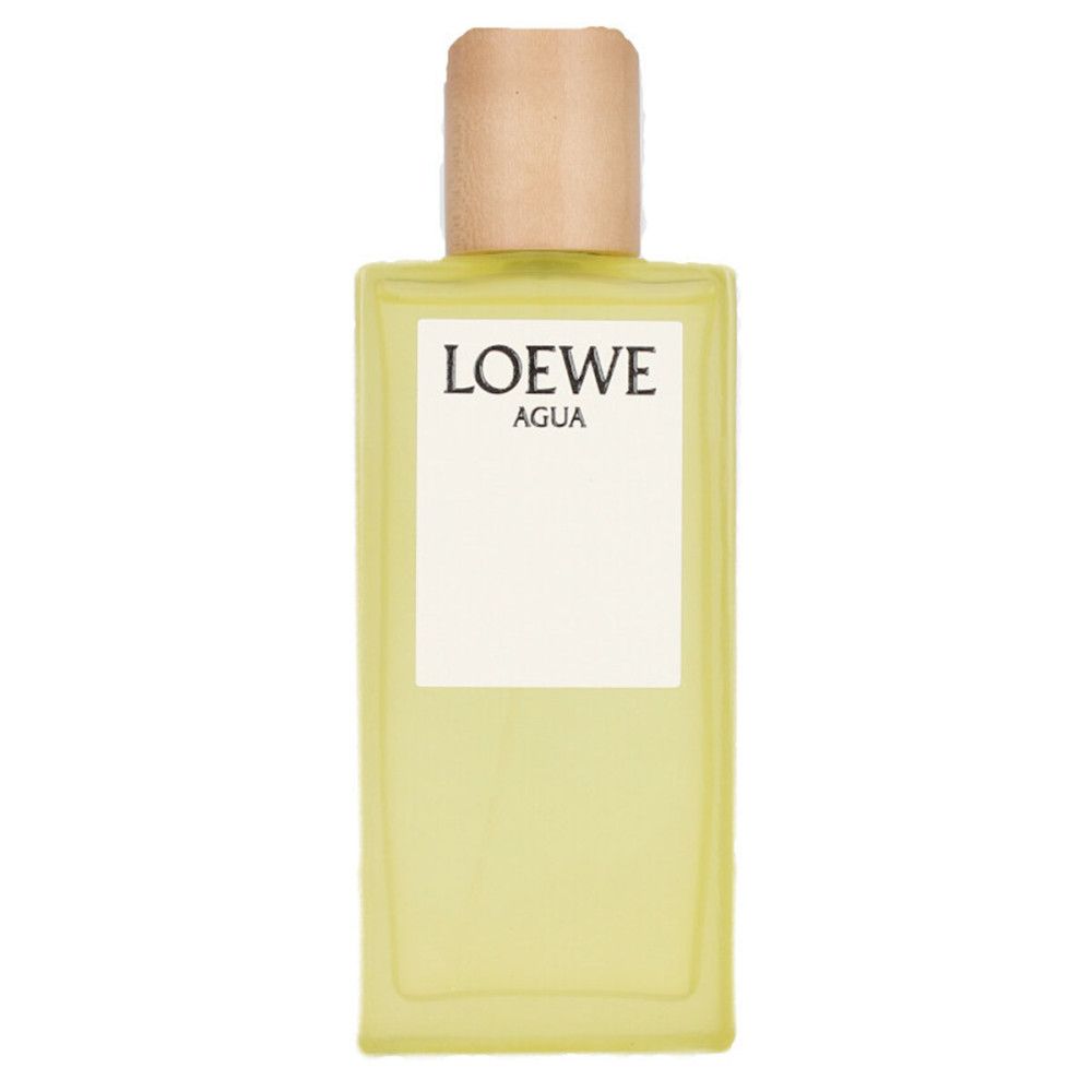 Loewe Agua Eau de Toilette fles. Rechthoekige fles met houten dop. Wit etiket met logo.