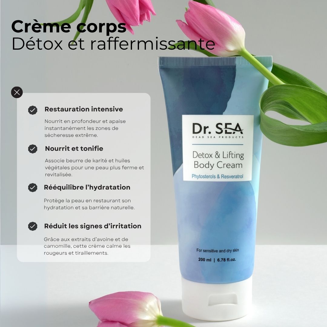 Tube de crème avec texte et illustrations. Texte: Crème corps Détox et raffermissante. Ingrédients et avantages listés.