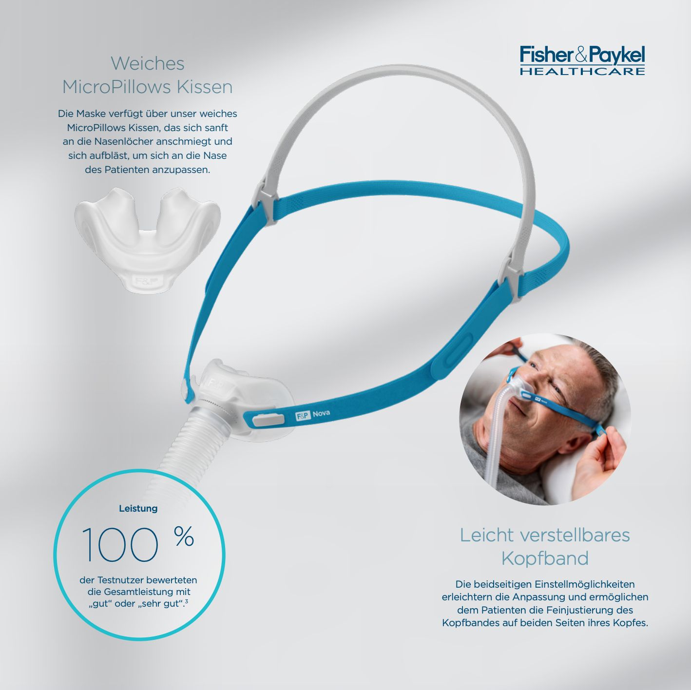 Fisher & Paykel Nova Micro neusmasker met zachte kussens en verstelbare hoofdband.