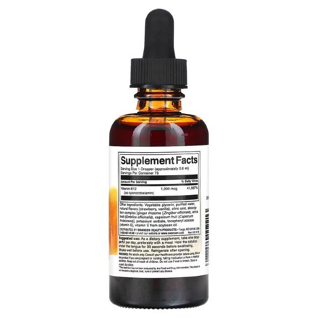Arrière d'un flacon en verre brun avec compte-gouttes, montre les faits nutritionnels pour SWANSON B12 Cyanocobalamine Fraise Liquide.
