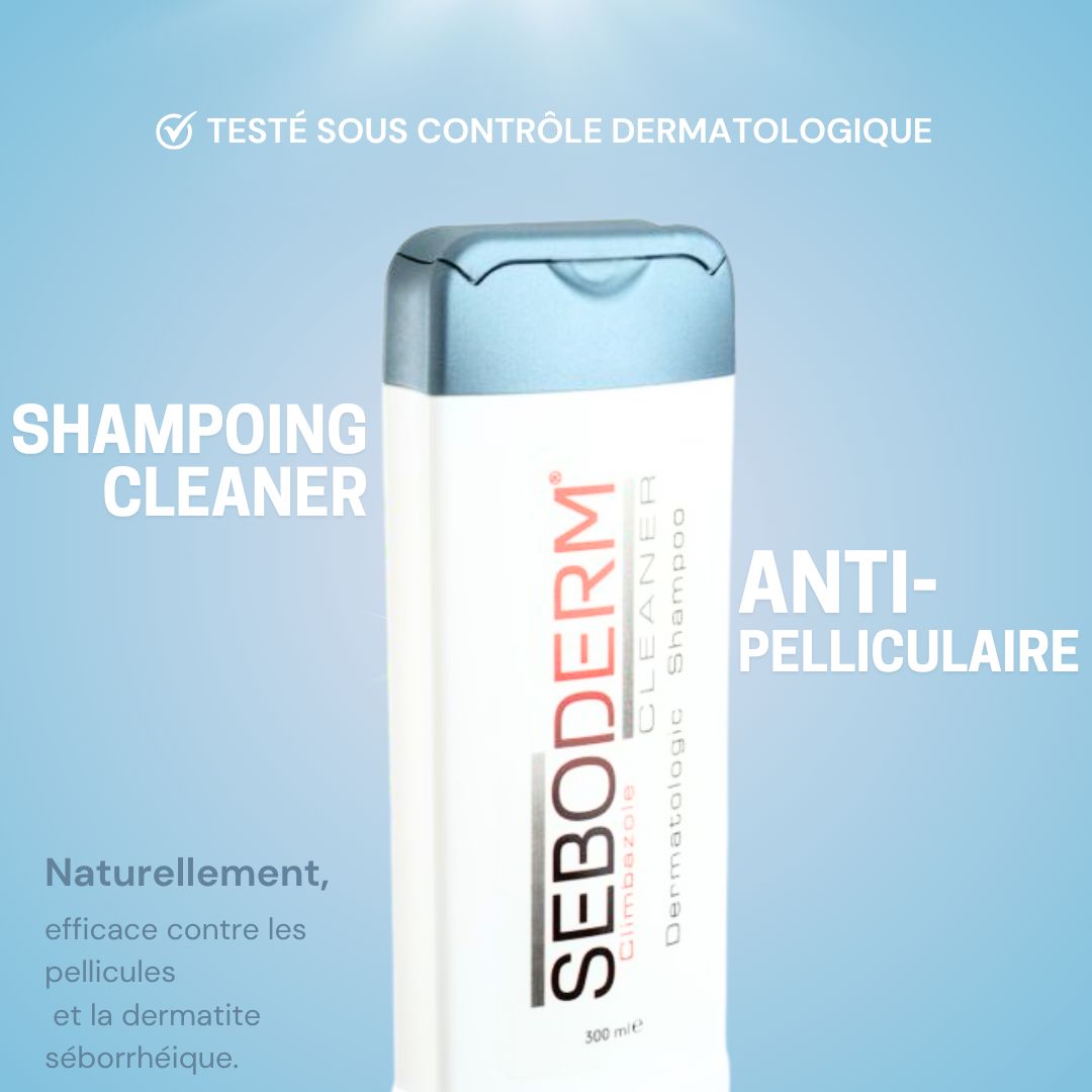 Seboderm Cleaner Shampoo avec bouchon bleu, testé dermatologiquement.