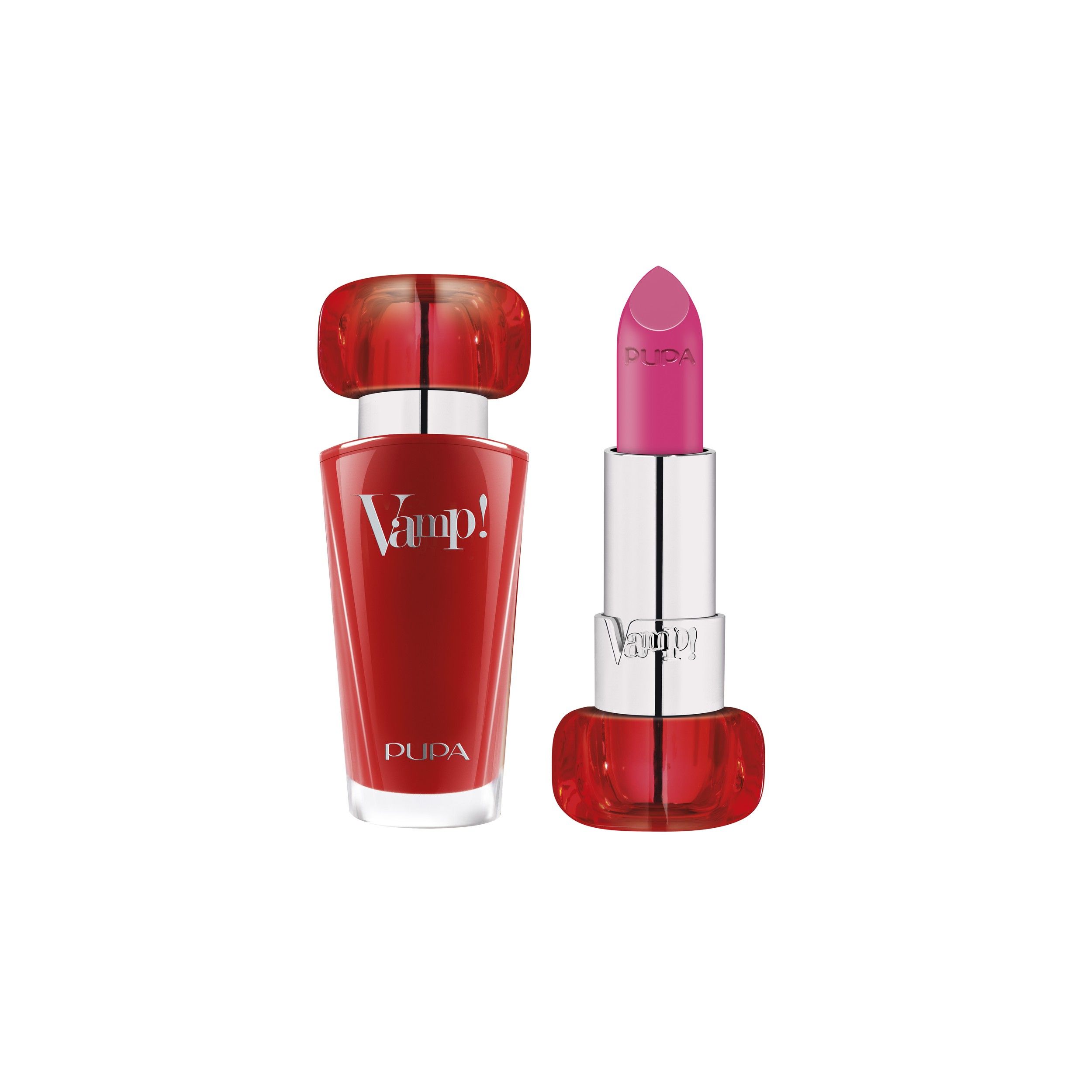Pupa Vamp! lippenstift in Fuchsia, met rode huls en zilveren schacht.