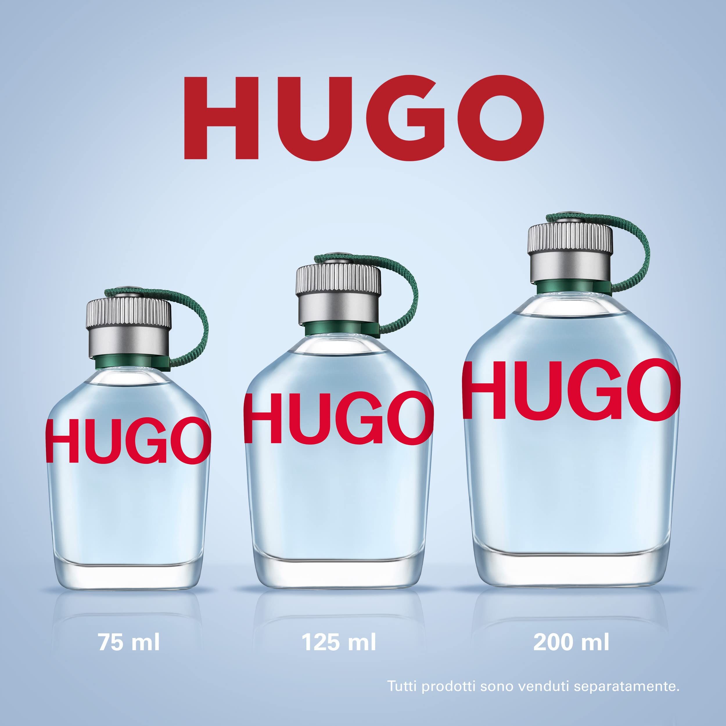 Drie Hugo parfumflessen in de maten 75 ml, 125 ml en 200 ml.
