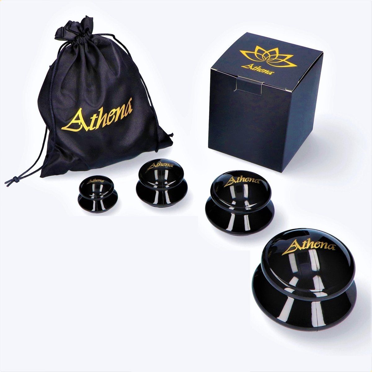 Ensemble noir de ventouses, sac et boîte. Ventouses avec logo.