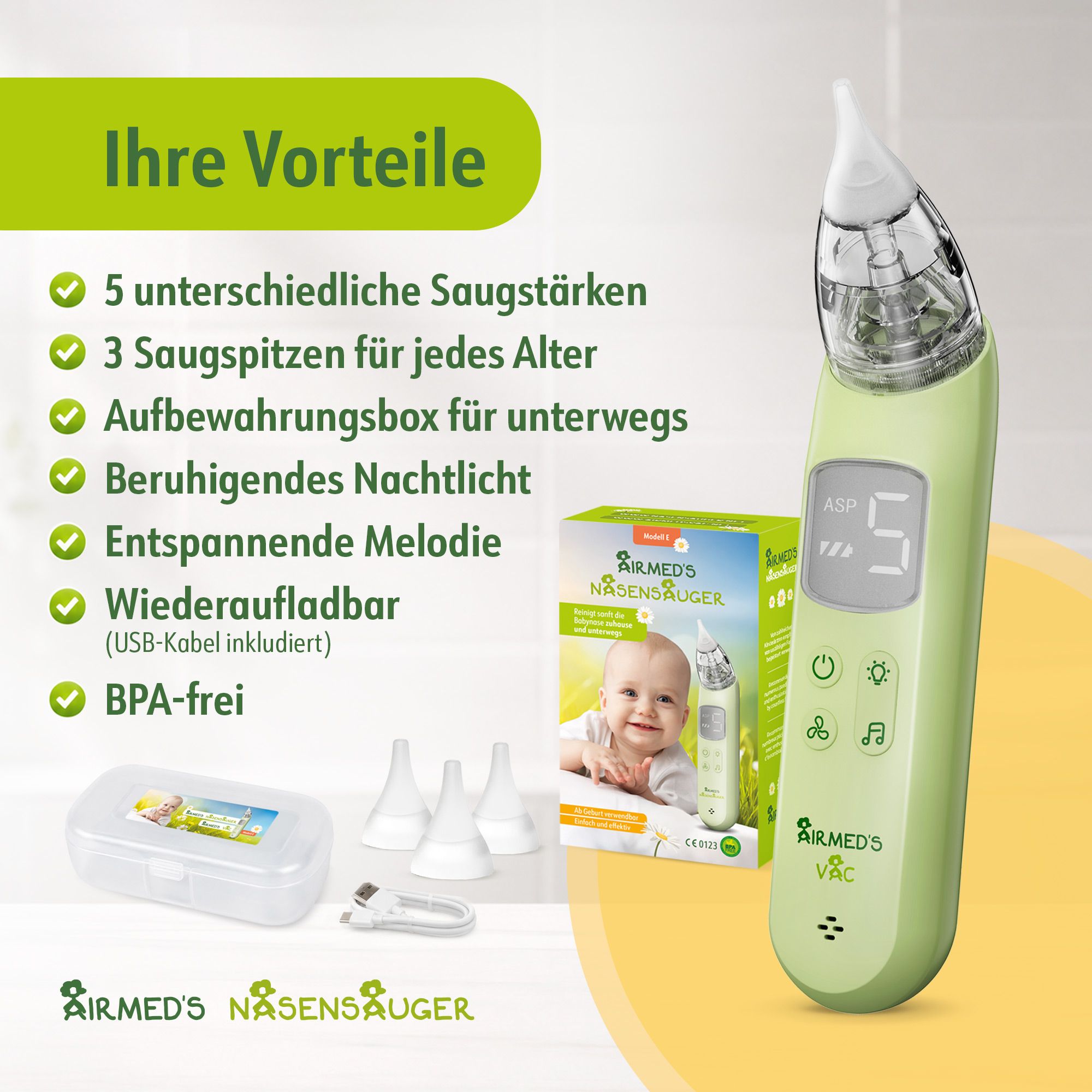 Aspirateur nasal vert, rechargeable, sans BPA. Avec 3 embouts, boîte de chargement et veilleuse.