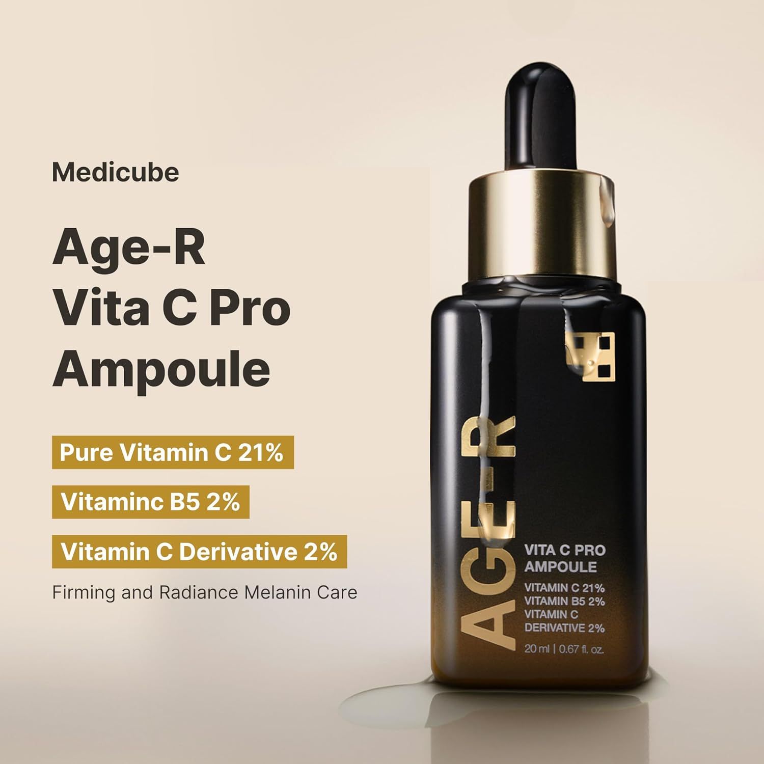 Age-R Vita C Pro Ampoule. Flacon noir avec bouchon doré. Texte : Age-R, Vita C Pro, Pure Vitamin C 21%, Vitamine B5 2%, Vitamine C Derivative 2%.