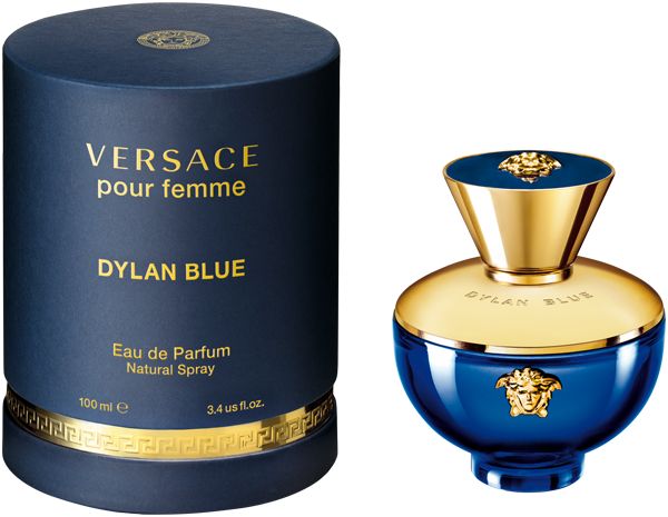Blauwe parfumfles en cilindrische verpakking. Gouden accenten. Opschrift: Versace Pour Femme Dylan Blue.