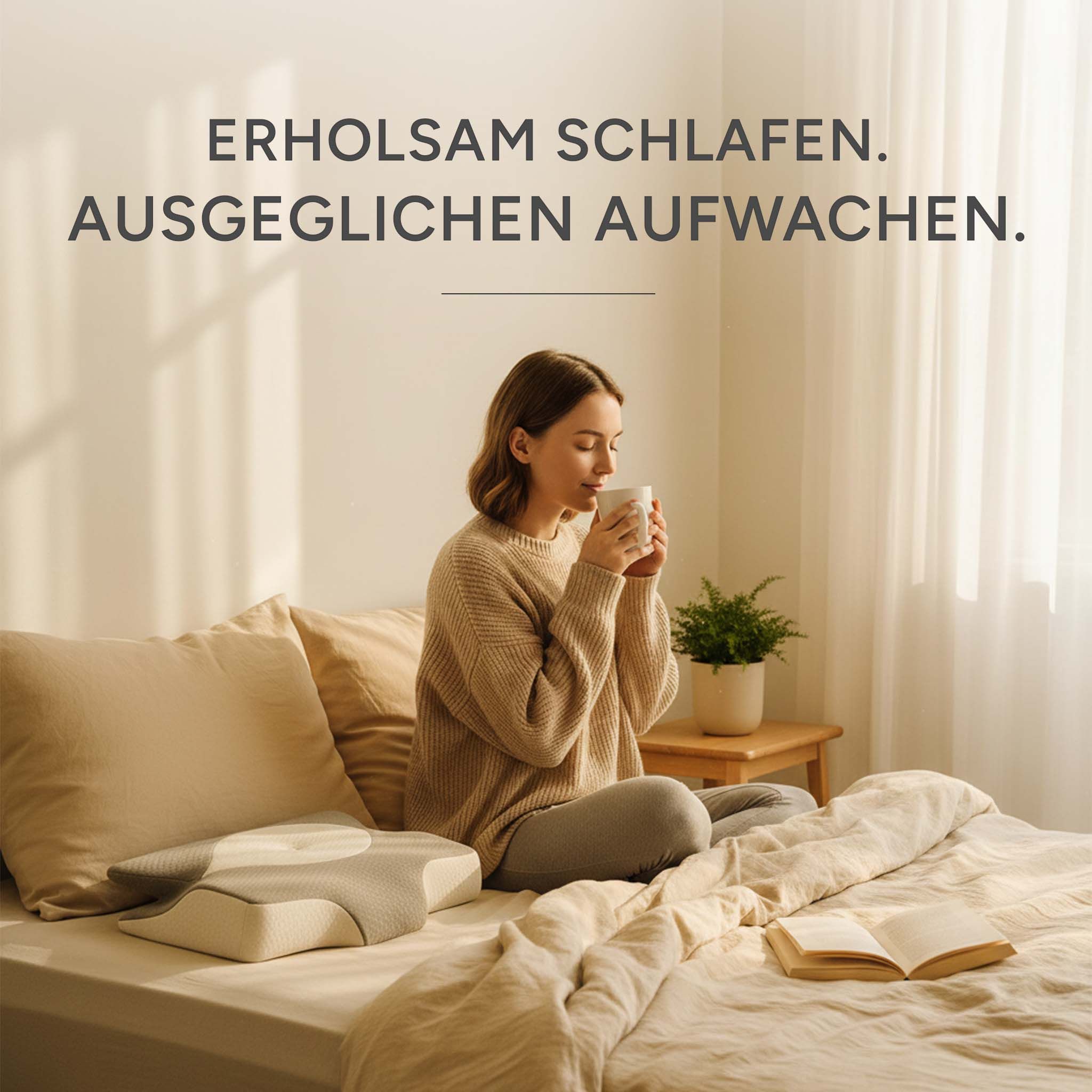 Vrouw zit op bed, drinkt. Orthopedisch nekkussen naast haar. Tekst: 'Rustig slapen. Evenwichtig wakker worden.'
