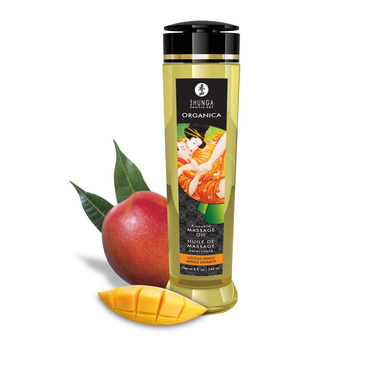 Fles mangomassageolie met etiket en een stuk mango ernaast.