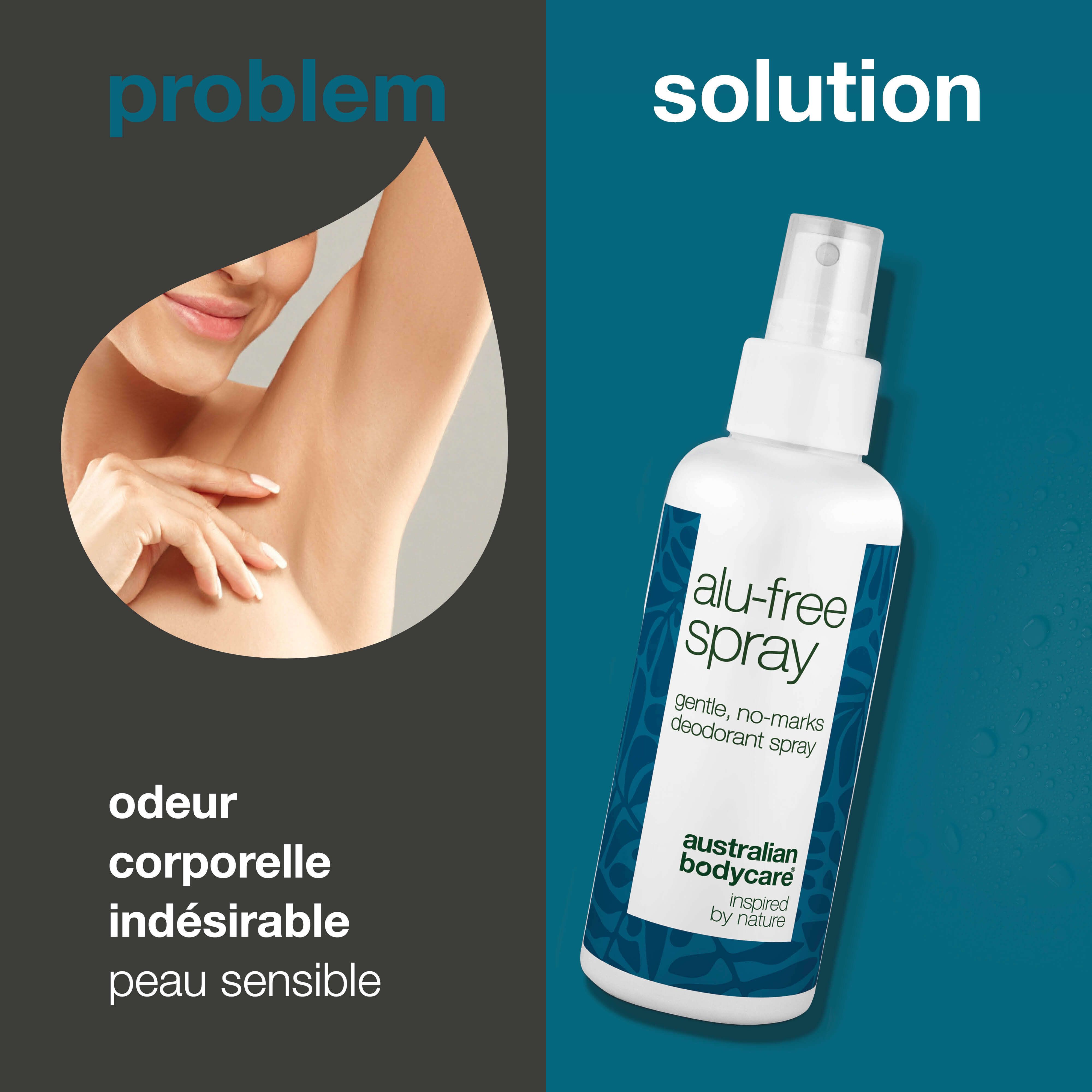 Problème: Aisselle avec odeur corporelle indésirable. Solution: Spray sans aluminium. Texte: alu-free spray. Logo: Australian Bodycare.