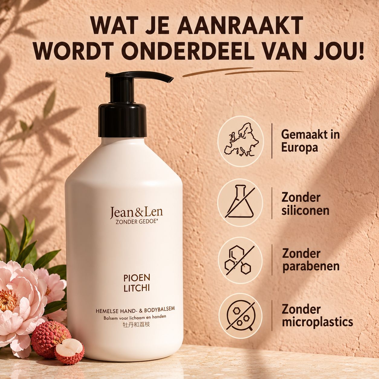 Witte fles met pompdosering, Jean & Len Pioen Litchi Hand- & Bodybalsem. Zonder siliconen, parabenen, microplastics. Gemaakt in Europa.
