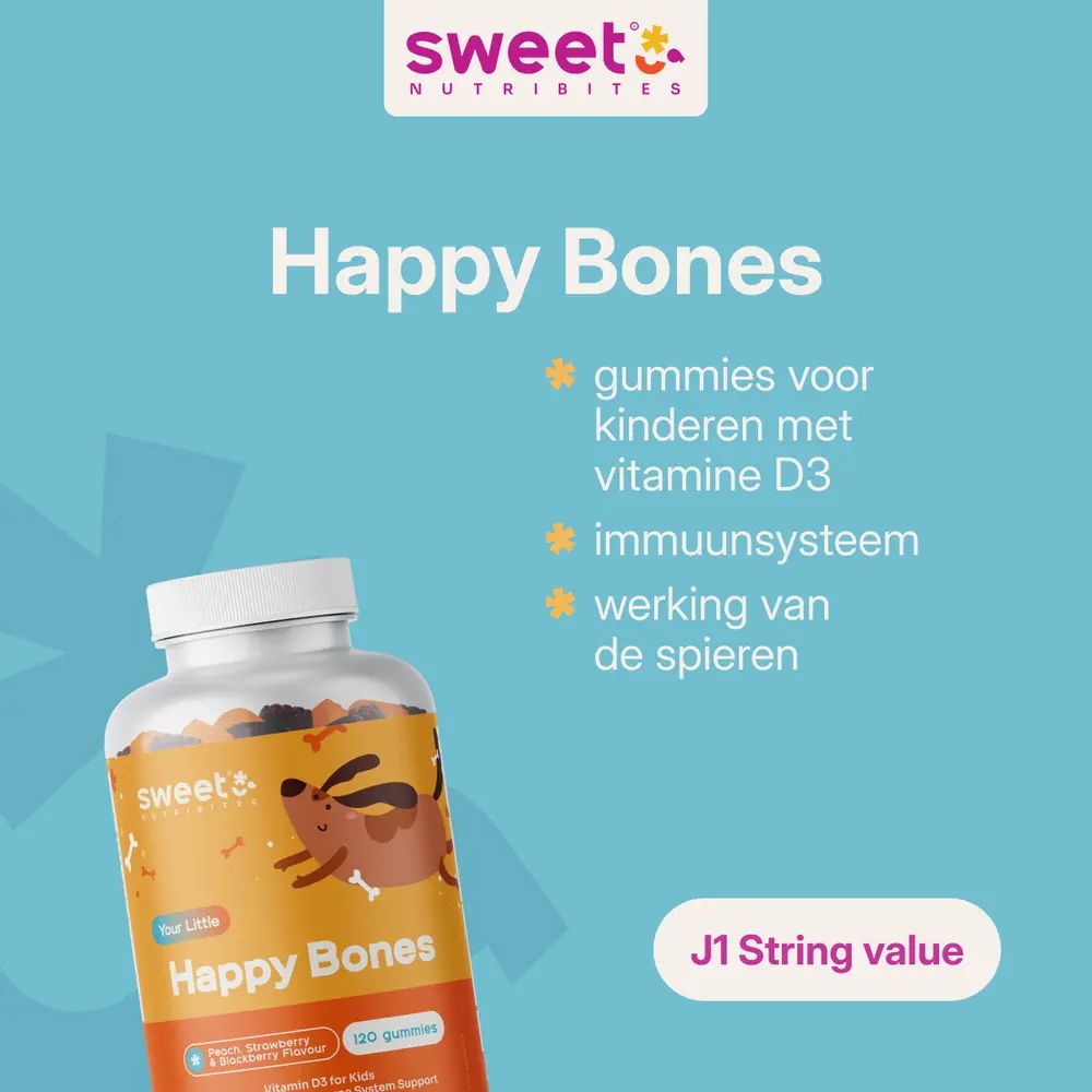 Fles met productlabel. Tekst: Happy Bones, gummies voor kinderen met vitamine D3, immuunsysteem, spierwerking. Blauwe achtergrond.