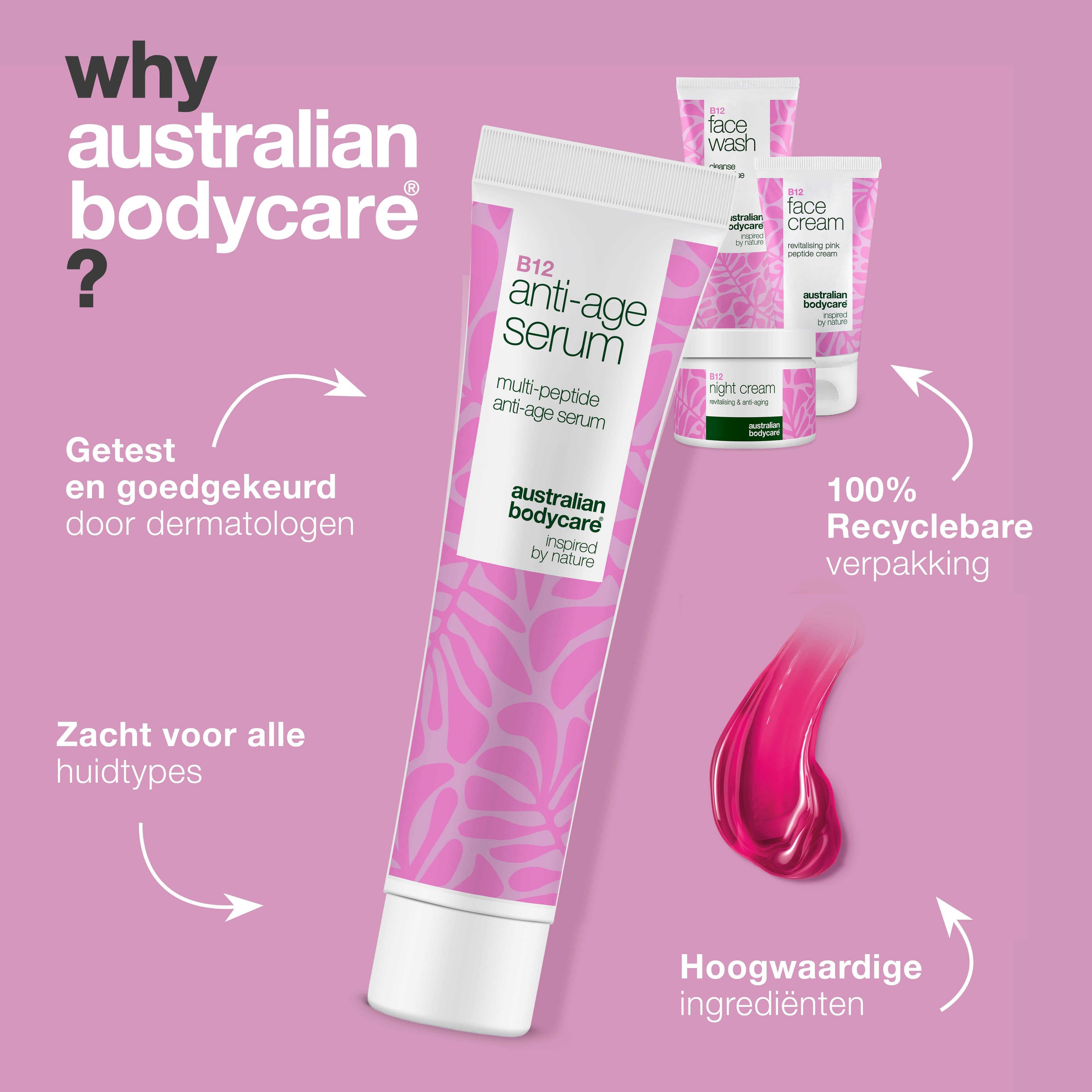 Anti-age serum tube, roze vloeistofdruppel, producten op de achtergrond. Tekst: dermatologisch getest, voor alle huidtypes.