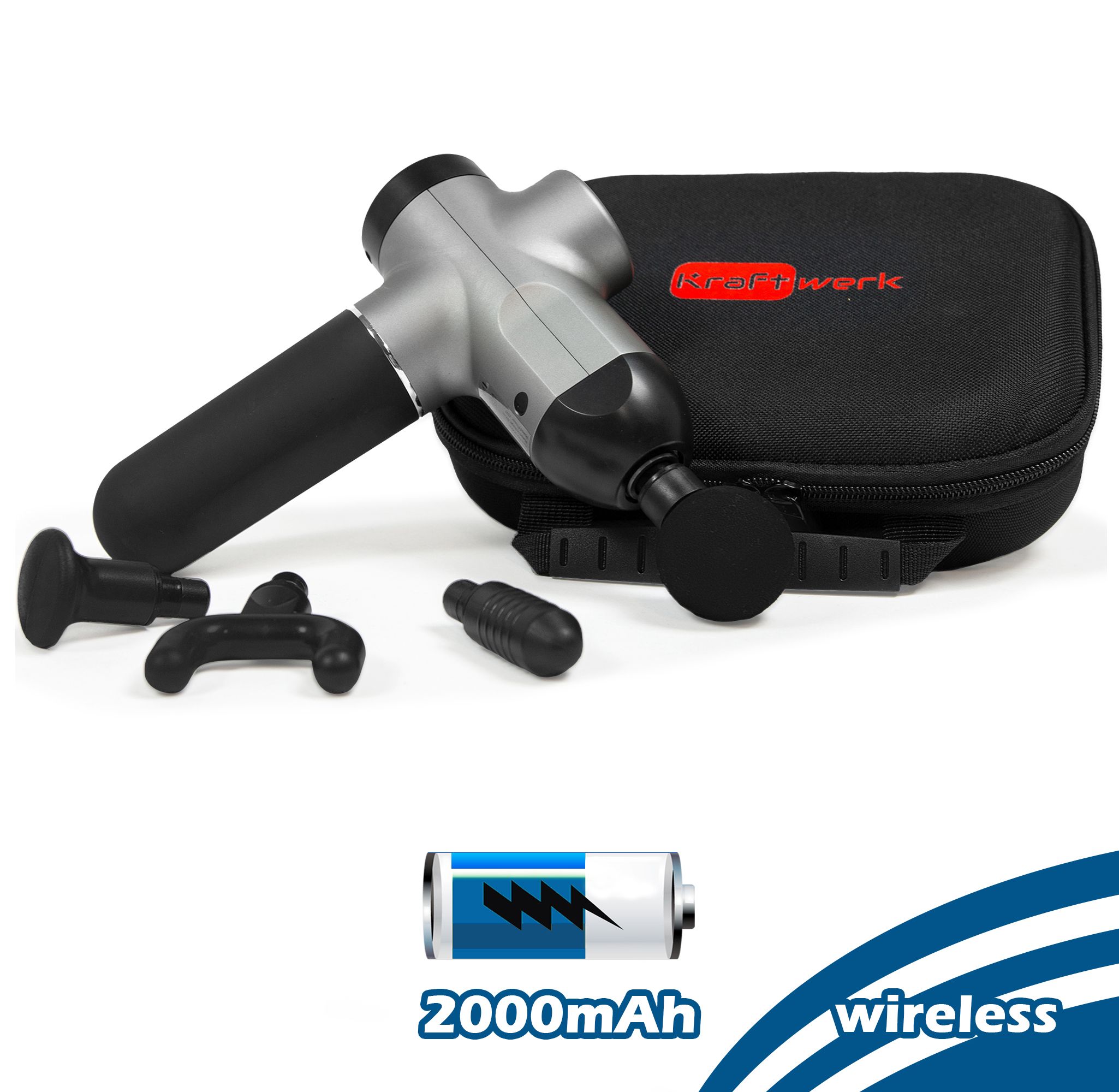 Pistolet de massage avec accessoires et étui. Étui noir avec logo rouge. Symbole de batterie avec texte : 2000mAh sans fil.