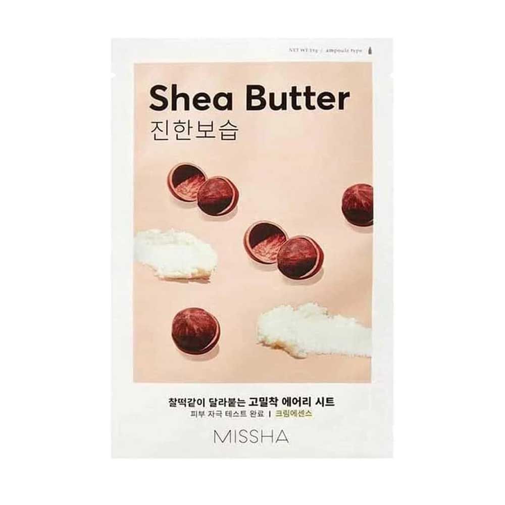 MISSHA Shea Butter sheet mask met sheanoten en romige textuur.
