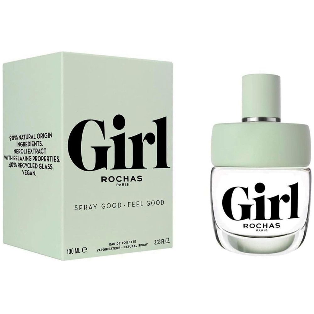 Lichtgroene doos en fles. Op de doos staat "Girl" en "Rochas Paris". Fles met lichtgroene dop. Tekst: "Spray good - feel good".
