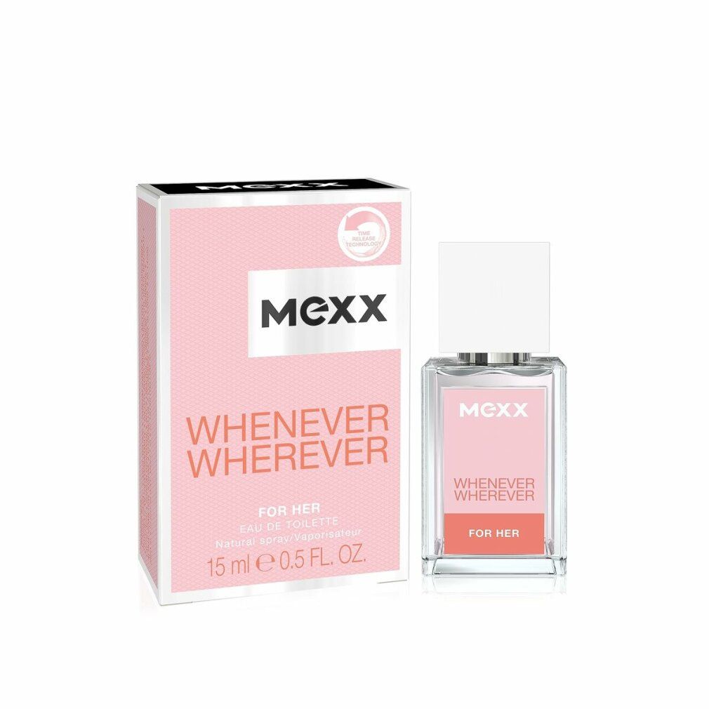Flacon de parfum et emballage. Inscriptions : Mexx, Whenever Wherever, For Her. Flacon : rectangulaire, bouchon blanc.