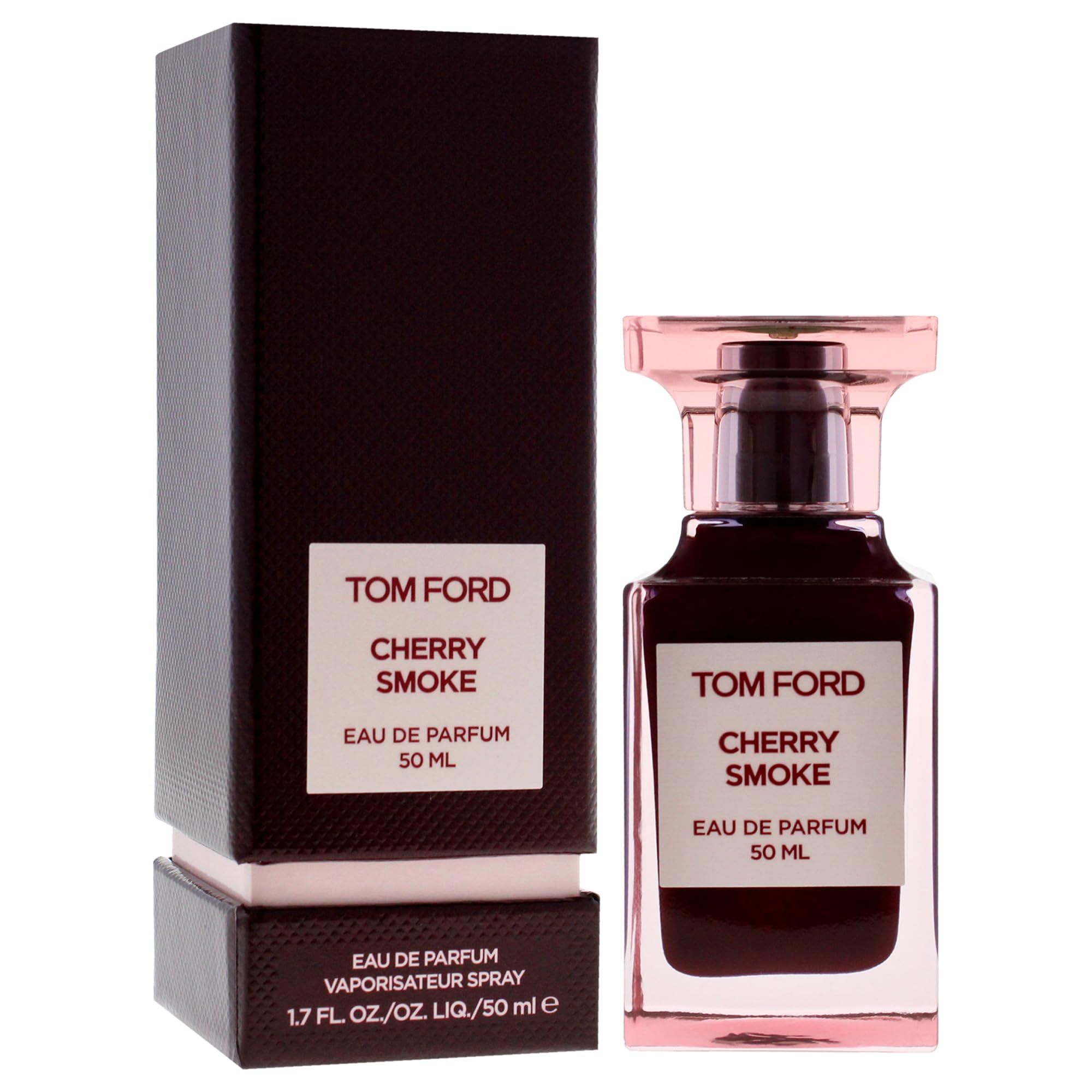 Tom Ford Cherry Smoke Eau de Parfum fles en verpakking. Zwarte verpakking, fles met roze dop. Opschrift: Cherry Smoke, 50 ml.