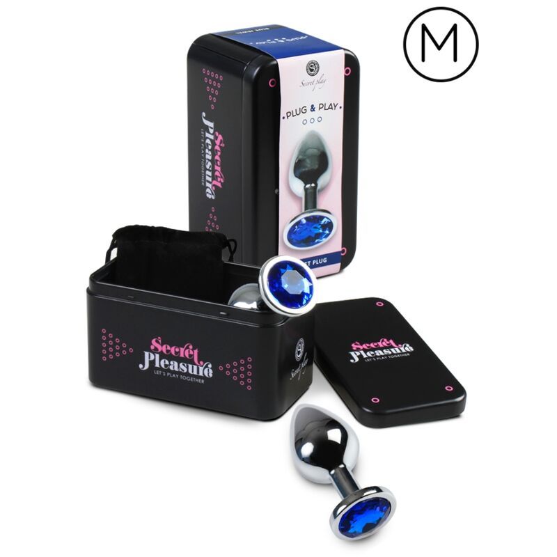 Plug anal avec un bijou bleu, base et tige en métal, présenté en boîte.