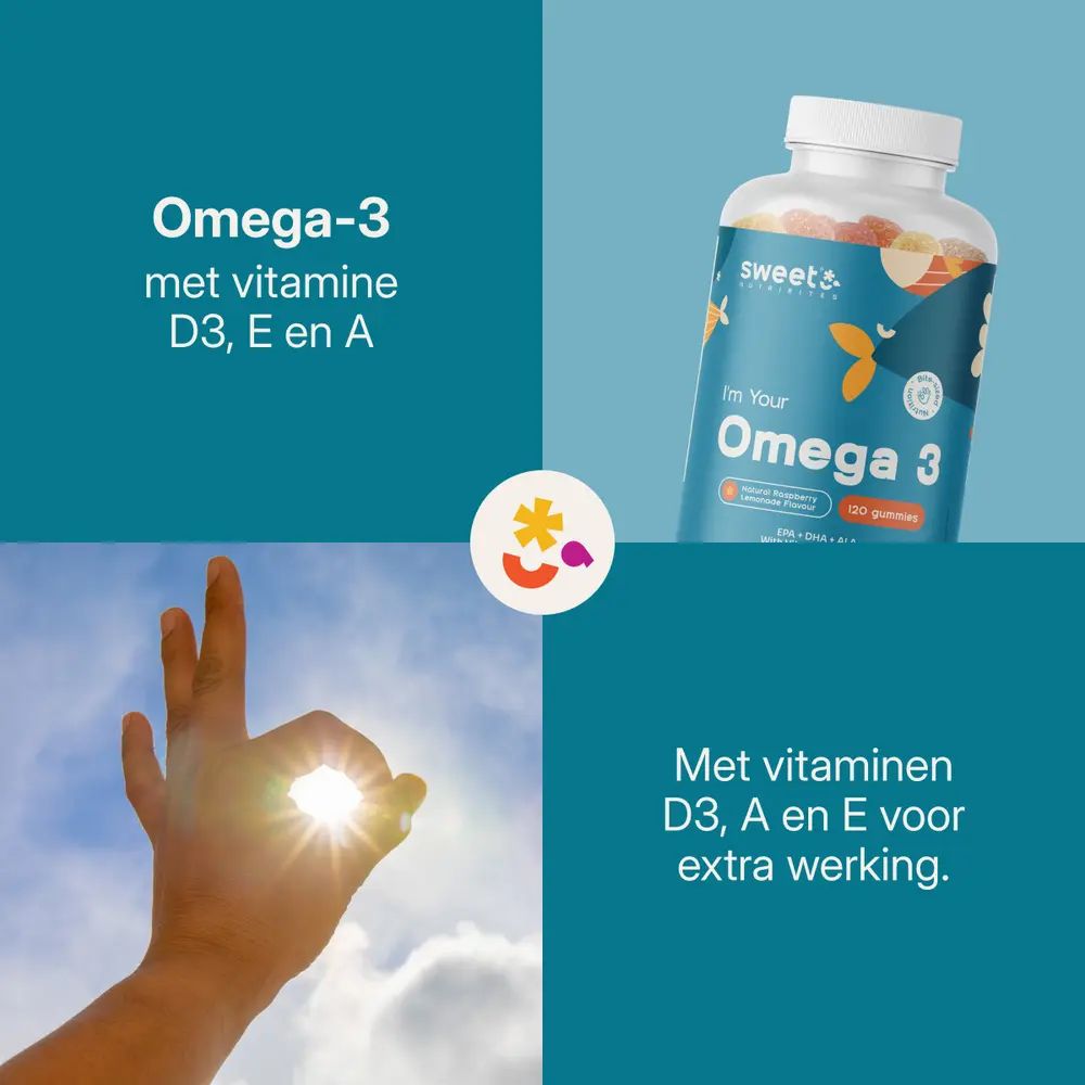 Omega-3 gummies. Hand met zonlicht. Tekst: Met vitaminen D3, A en E voor een extra werking.