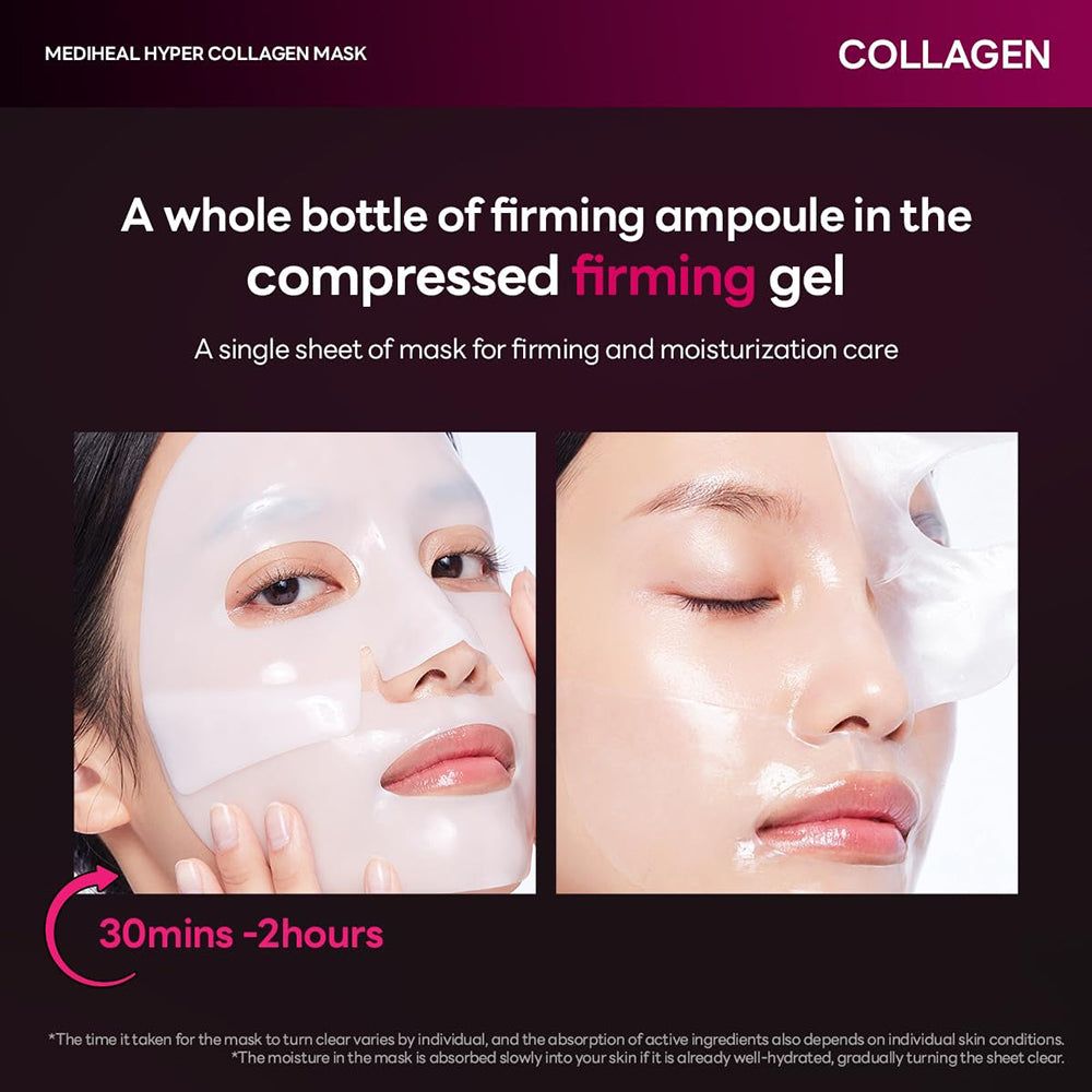 Twee afbeeldingen: vrouw met masker. Tekst: Een hele fles verstevigende ampul in de gecomprimeerde gel. 30 min - 2 uur. Masker voor hydratatie.
