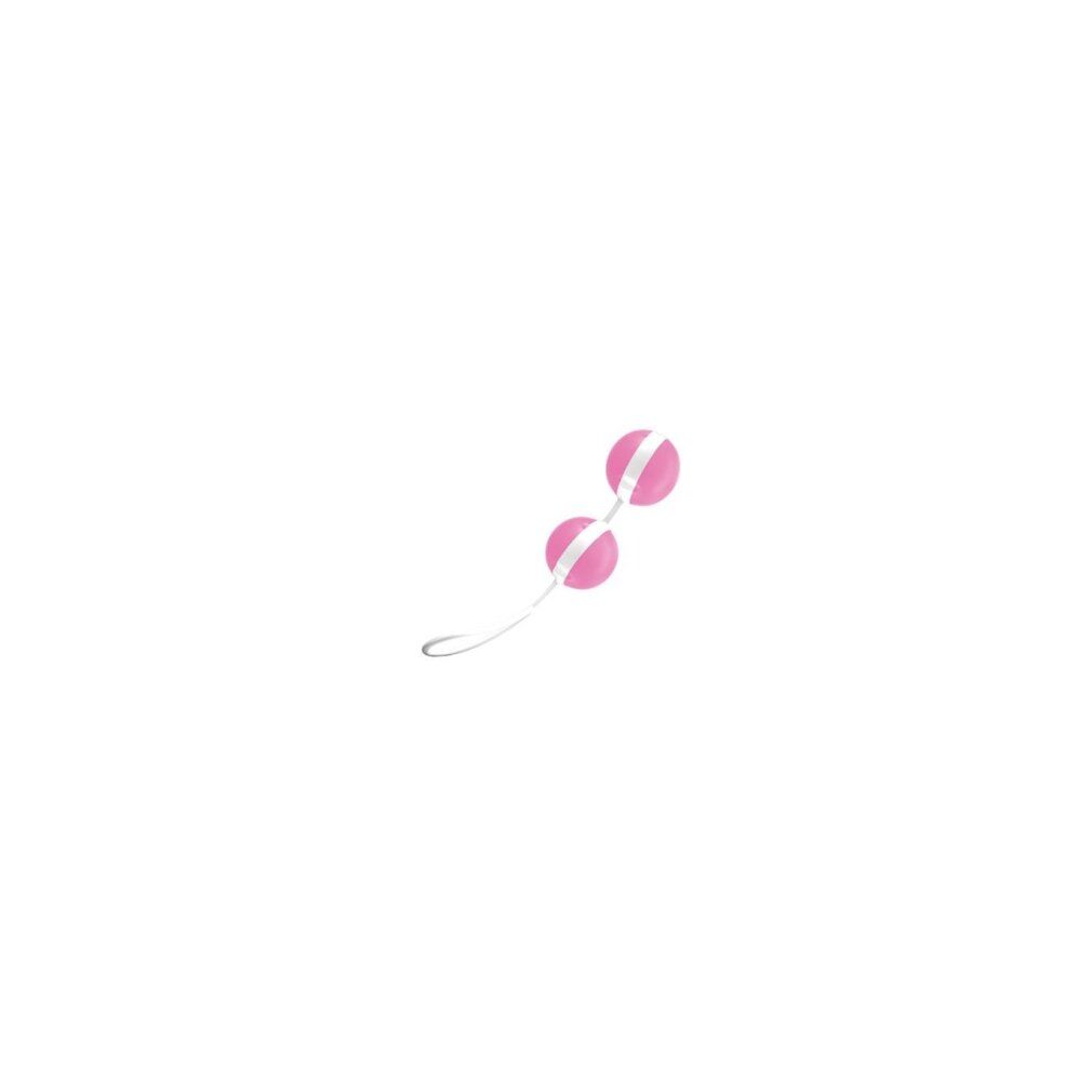 Twee roze ballen met witte strepen, verbonden door een koord met lus.