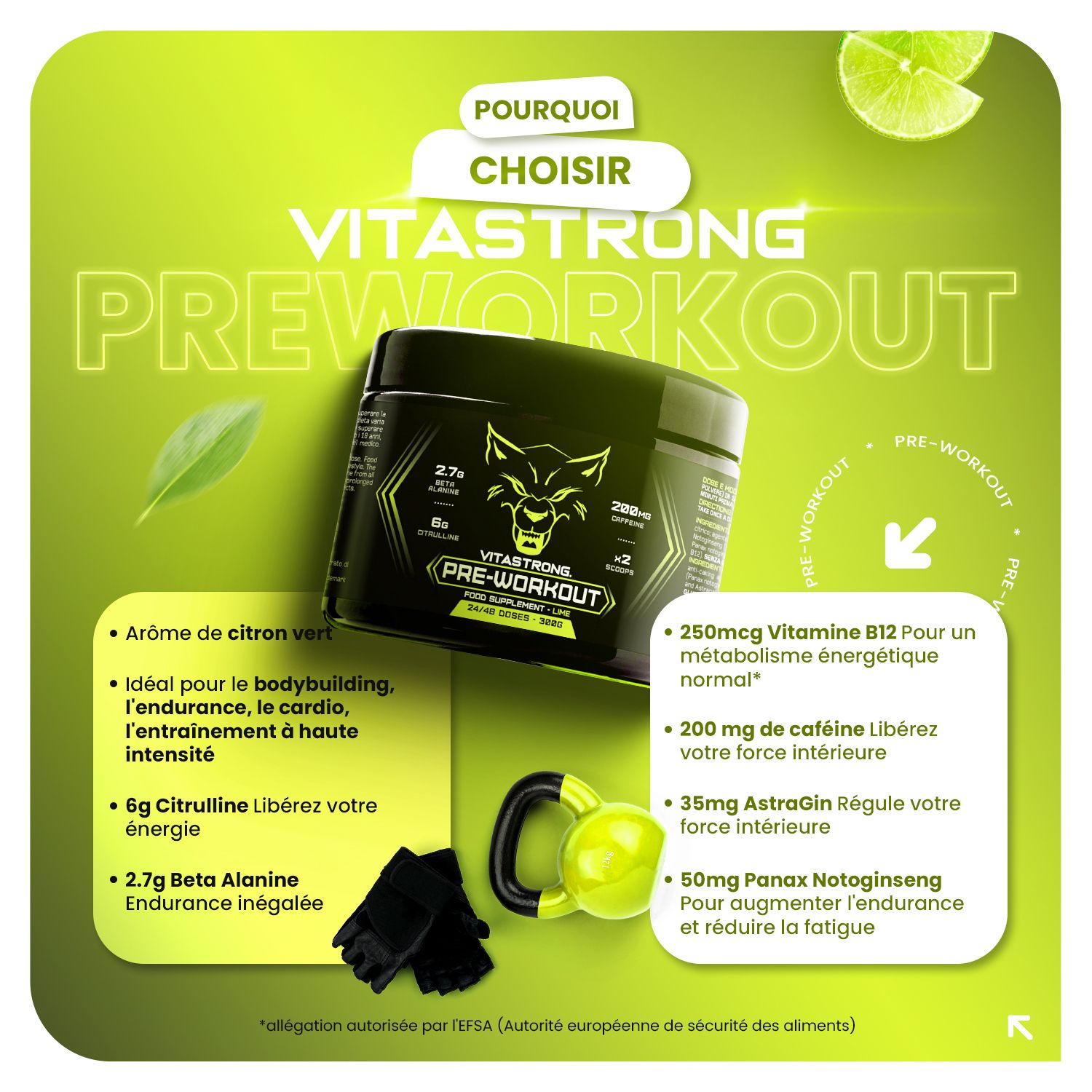 Vitastrong Pre-Workout pot. Zwarte pot met wolvenlogo. Tekst: WAAROM kiezen voor Vitastrong? Ingrediënten.