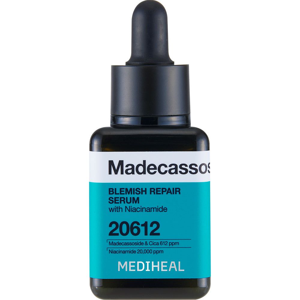 Serumfles met zwarte dop. Vierkante fles met blauw etiket. Tekst: Madecassoside Blemish Repair Serum, 20612, MEDIHEAL.