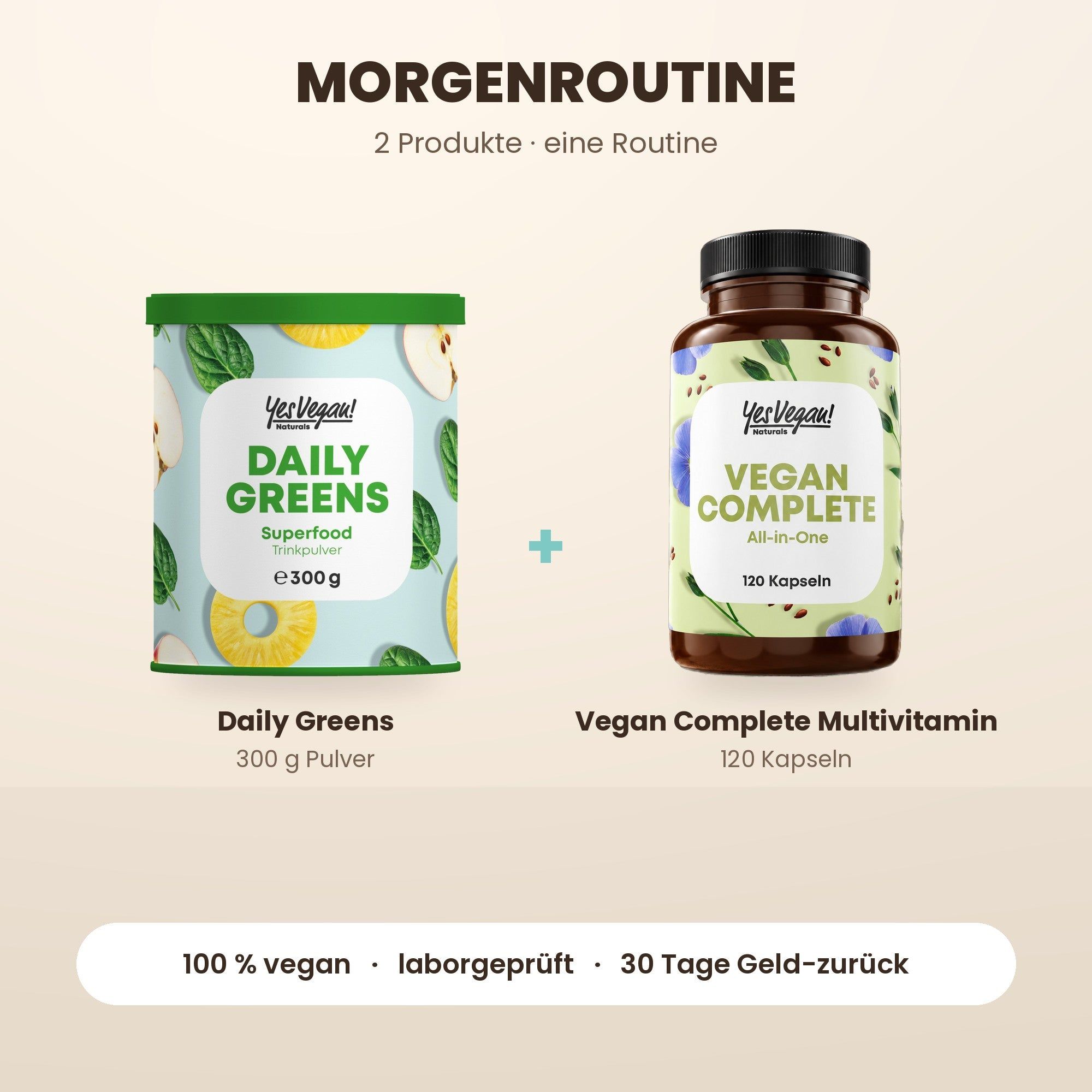 Deux produits : Poudre boisson Daily Greens Superfood (300g) et gélules Vegan Complete All-in-One (120 pièces).