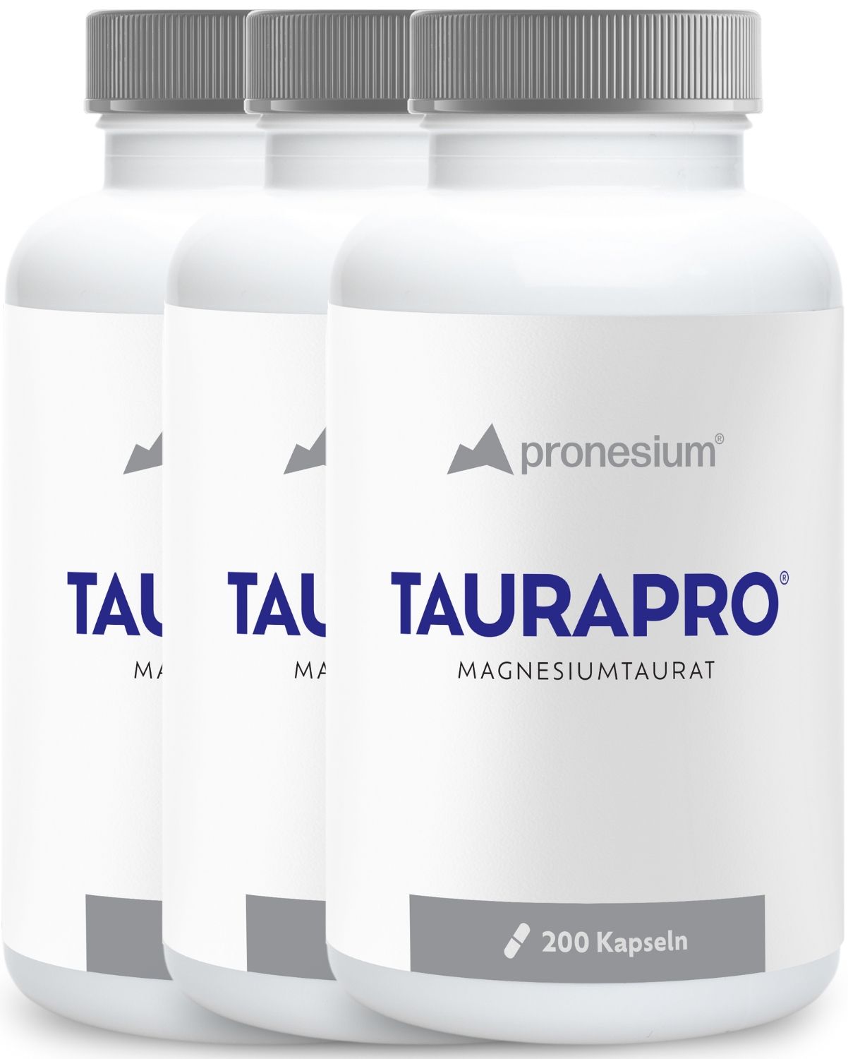 Drie flessen met capsules. Opschrift: TAURAPRO, Magnesiumtaurat. 200 capsules.