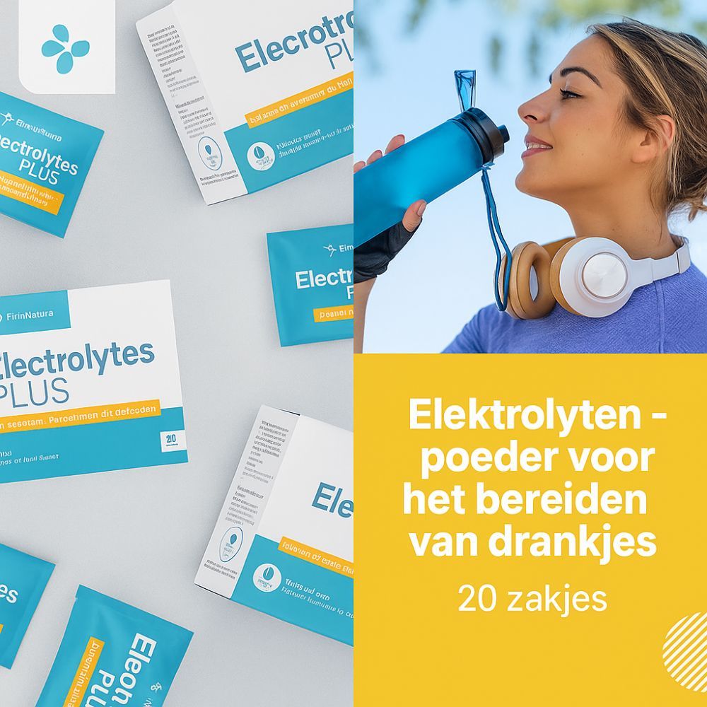 FutuNatura Electrolytes Plus. Vrouw drinkt uit een blauwe drinkfles. Gele achtergrond. Tekst: Elektrolyten - poeder voor het bereiden van drankjes.