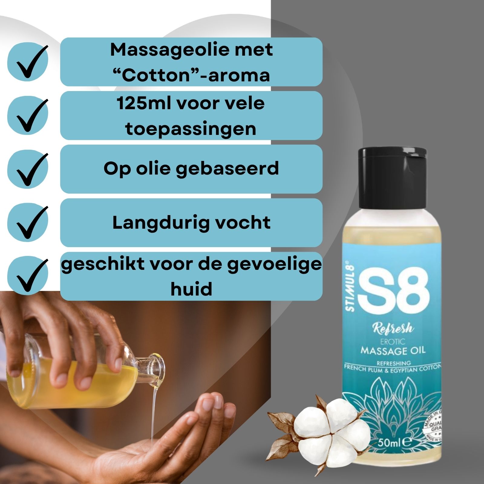 Massageolie fles, zwarte dop. Opschrift: S8 Refresh Erotic Massage Oil. 50ml. Olie wordt gegoten.