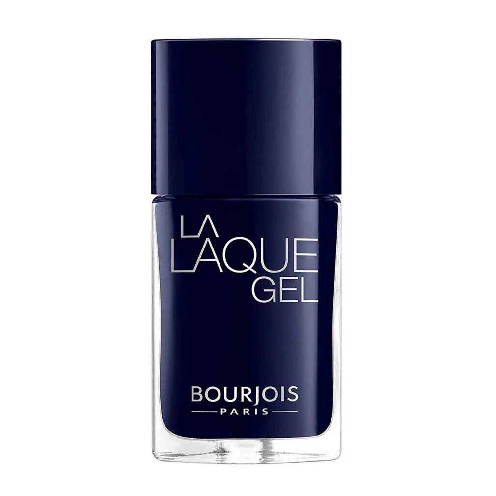 Flacon de vernis à ongles bleu foncé. Inscription: La Laque Gel, Bourjois Paris.