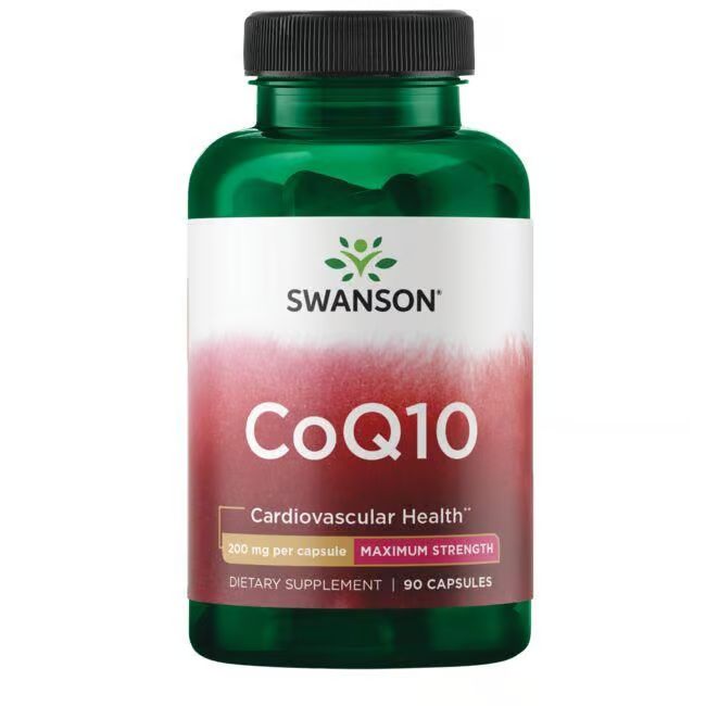 Flacon vert avec étiquette blanche. Inscription: SWANSON CoQ10, 200 mg par capsule, 90 capsules. Pour la santé cardiovasculaire.
